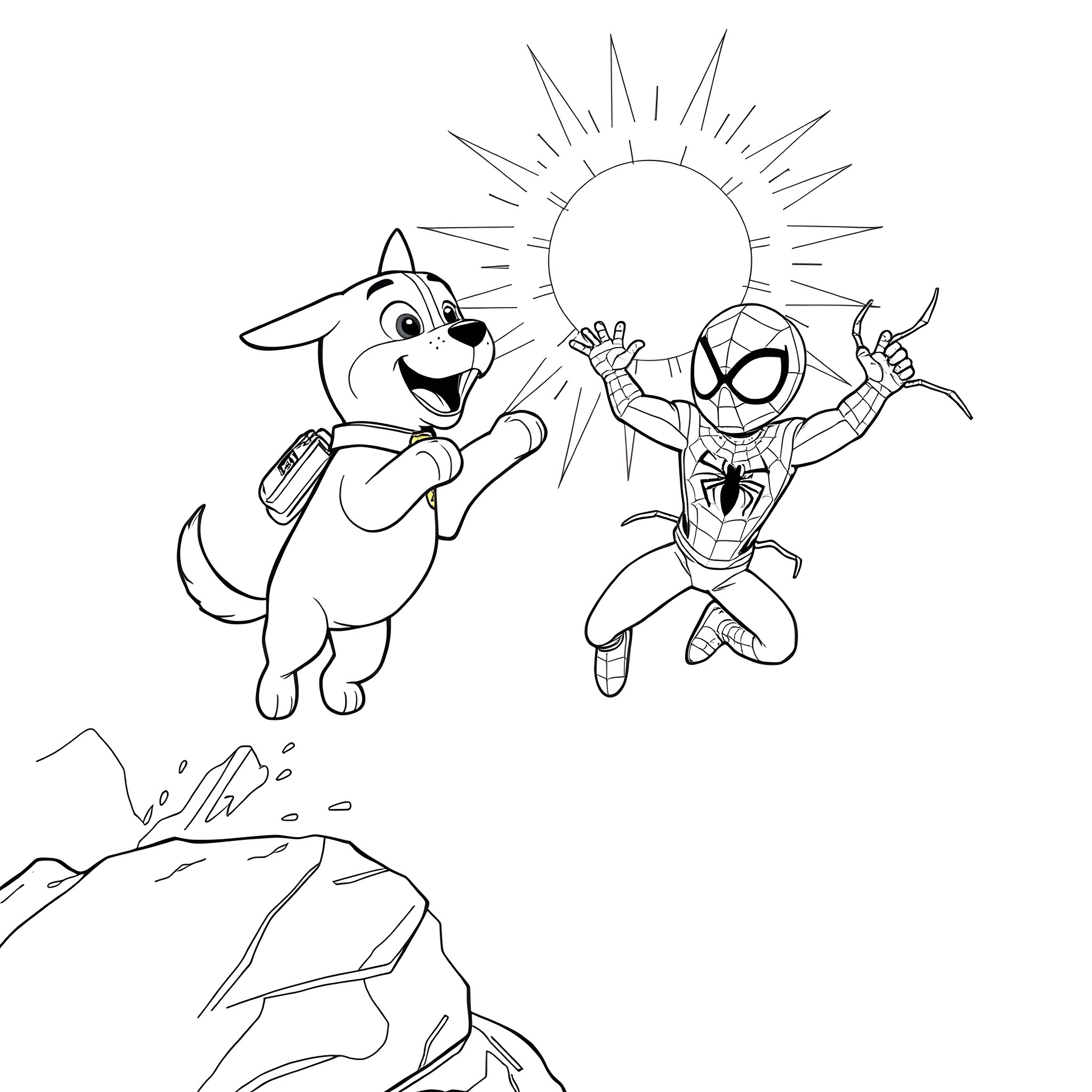 Dog and Spider-Man happily jumping in the sun Coloring Page (free black-and-white line drawing printable PDF for all, from beginners to advanced learners, including children, teens, adults, and seniors)
