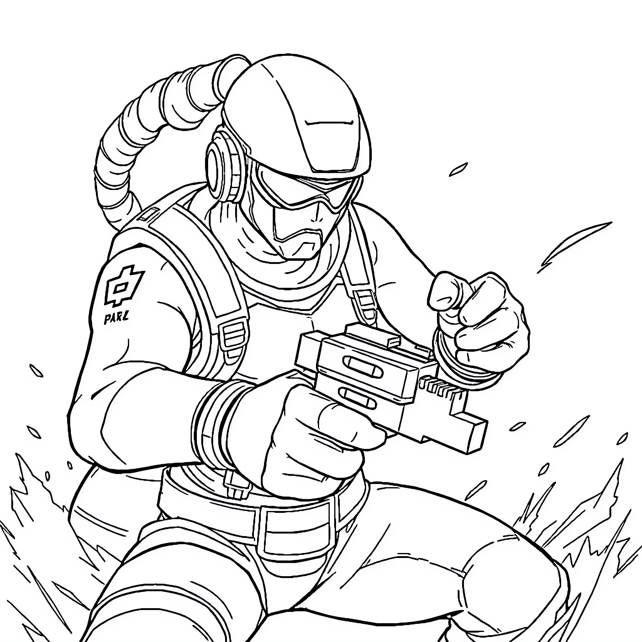 Scorpion warrior in battle with futuristic weapon Coloring Page (free black-and-white line drawing printable PDF for all, from beginners to advanced learners, including children, teens, adults, and seniors)
