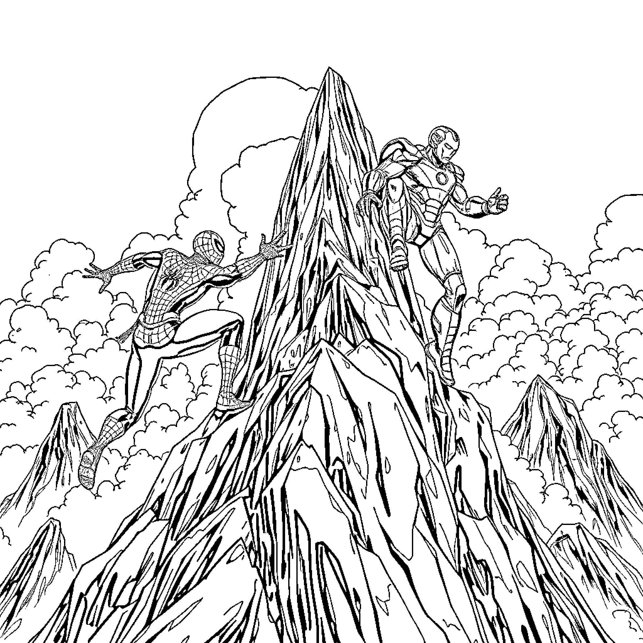 Spider-Man scaling a perilous mountain with Iron Man's assistance Coloring Page (free black-and-white line drawing printable PDF for all, from beginners to advanced learners, including children, teens, adults, and seniors)