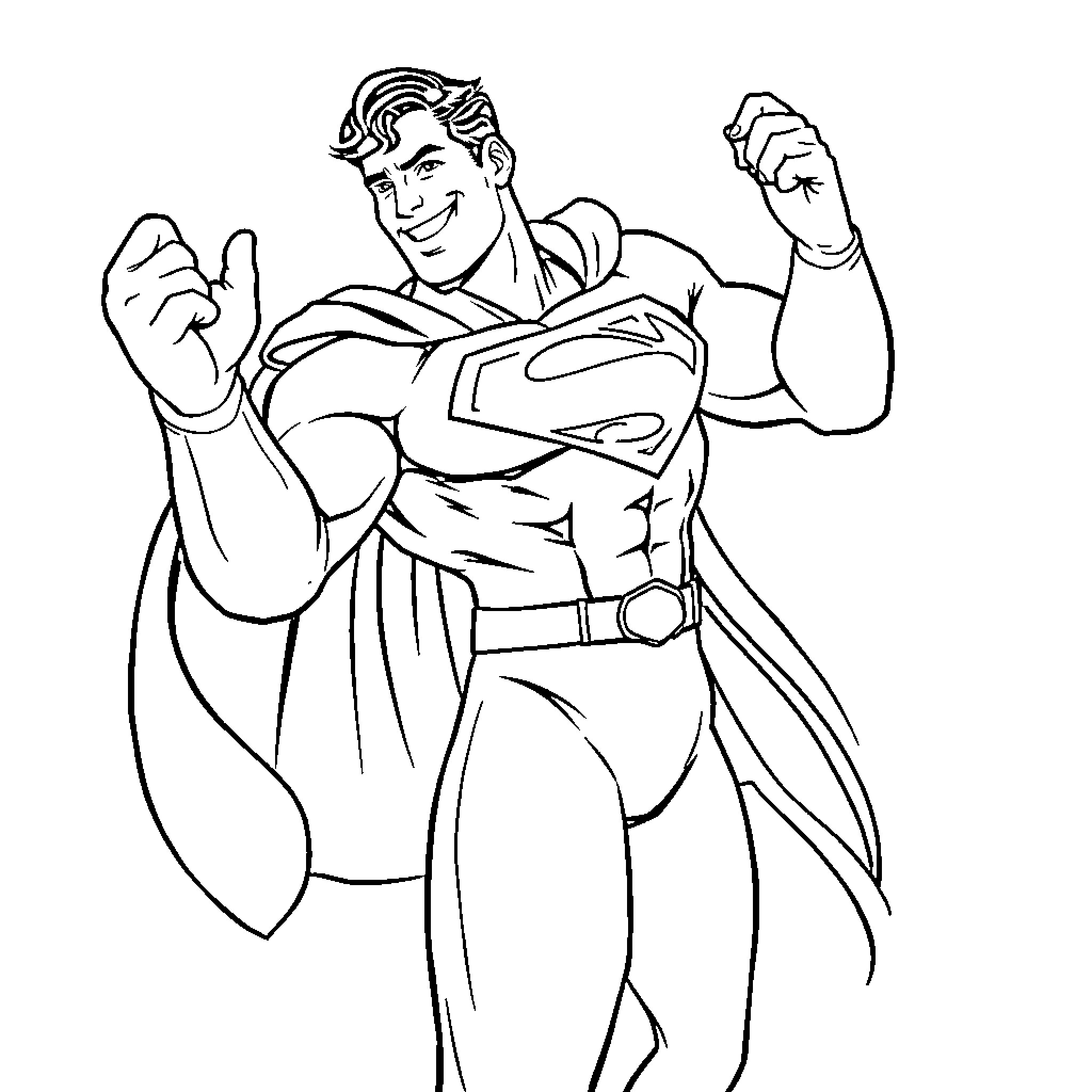 Superman heroically poses in action stance Coloring Page (free black-and-white line drawing printable PDF for all, from beginners to advanced learners, including children, teens, adults, and seniors)