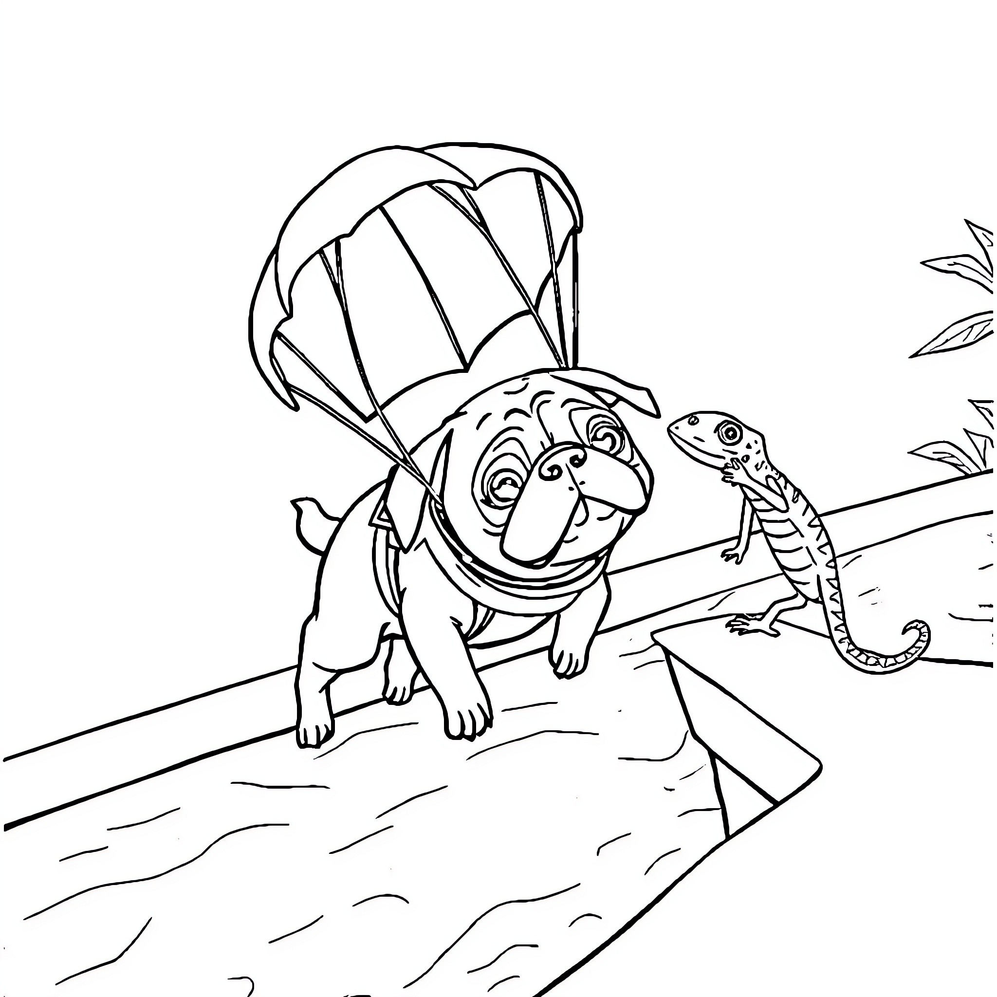 Pug exploring nature with a parachute Coloring Page (free black-and-white line drawing printable PDF for all, from beginners to advanced learners, including children, teens, adults, and seniors)
