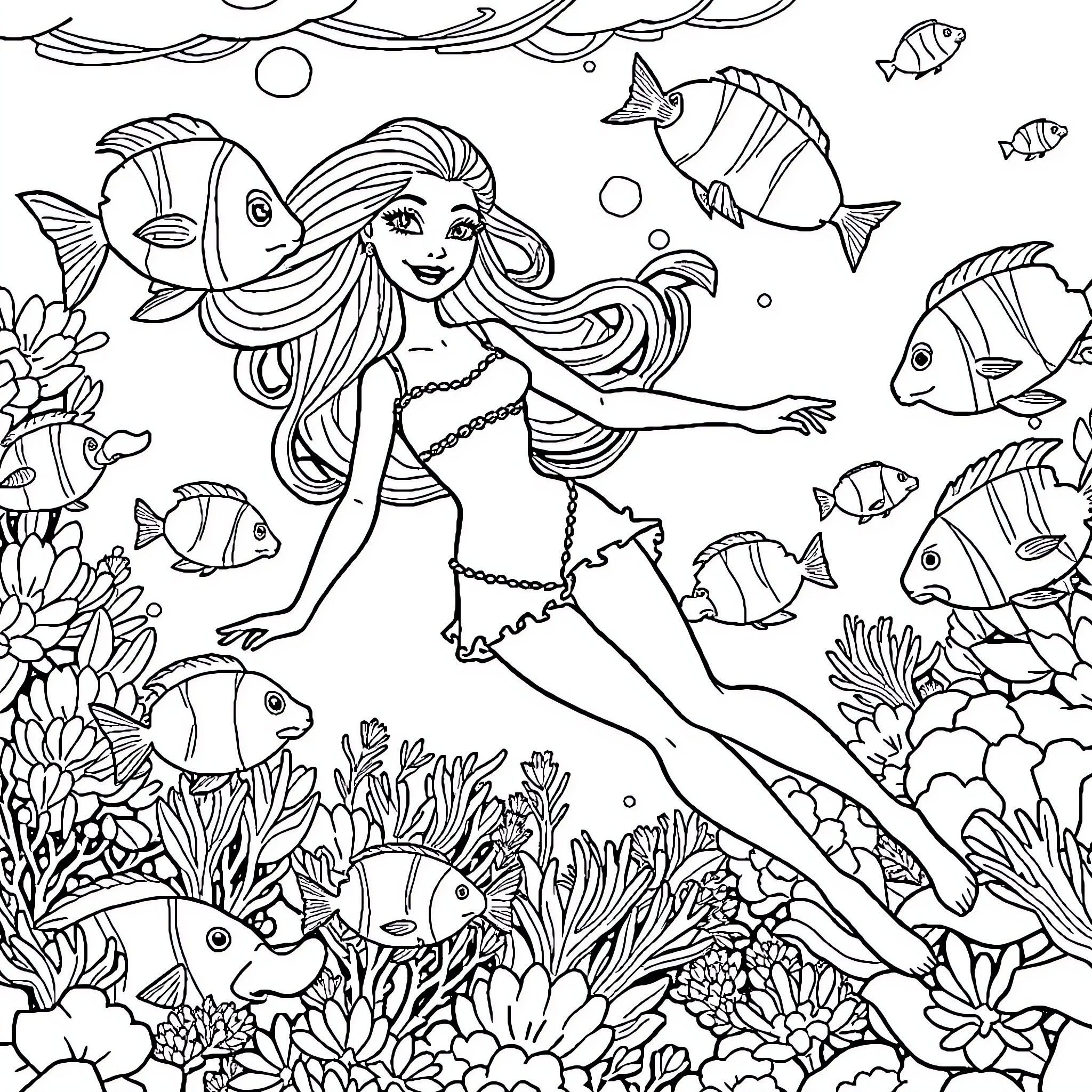 Barbie swimming with colorful fish in the ocean Coloring Page (free black-and-white line drawing printable PDF for all, from beginners to advanced learners, including children, teens, adults, and seniors)