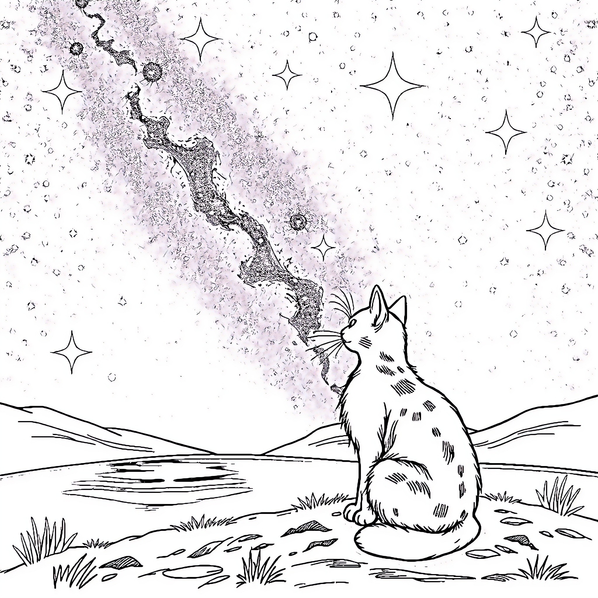 Cat gazing at starry night sky Coloring Page (free black-and-white line drawing printable PDF for all, from beginners to advanced learners, including children, teens, adults, and seniors)