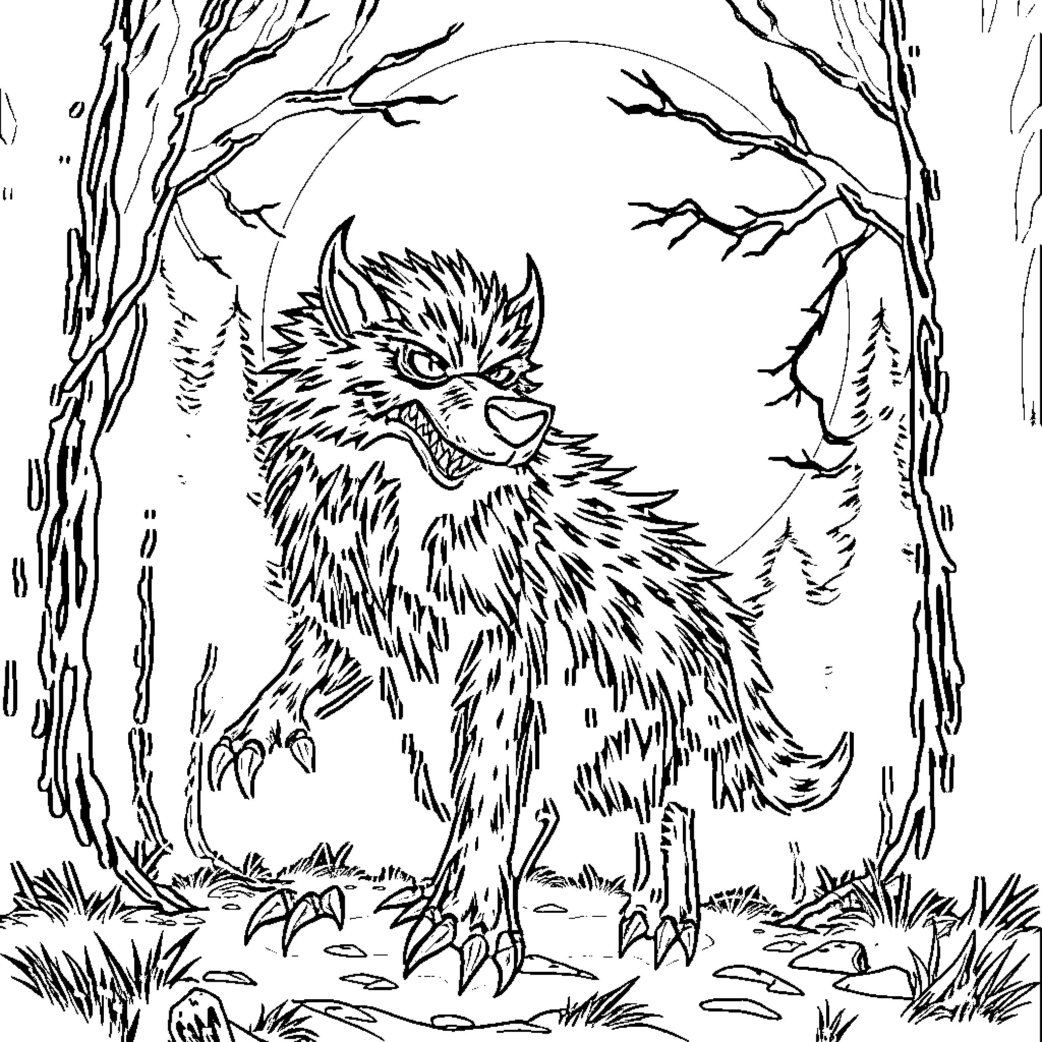 Werehog prowling in the eerie forest Coloring Page (free black-and-white line drawing printable PDF for all, from beginners to advanced learners, including children, teens, adults, and seniors)