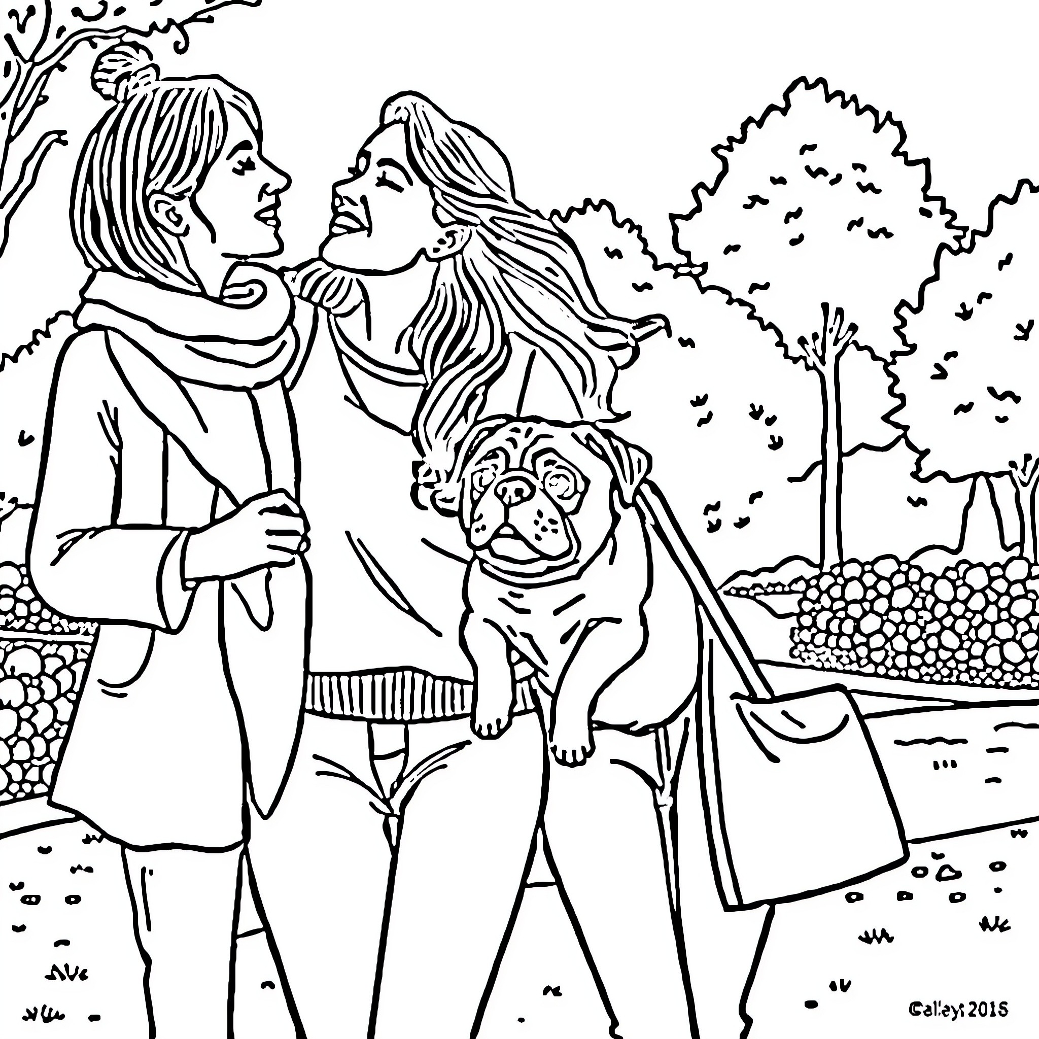 Mujer con su mascota caminando en el parque Coloring Page (free black-and-white line drawing printable PDF for all, from beginners to advanced learners, including children, teens, adults, and seniors)