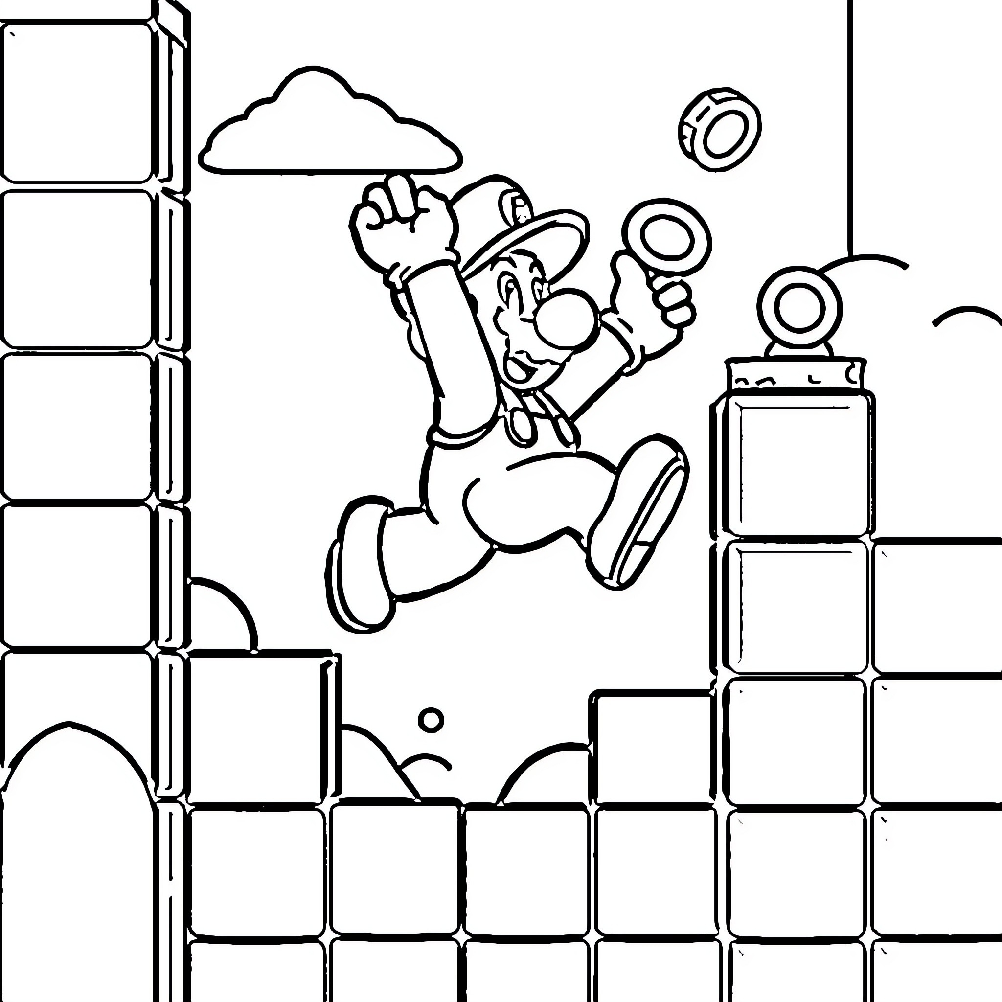 Super Mario Jumping Triumphantly Through Platforms Coloring Page (free black-and-white line drawing printable PDF for all, from beginners to advanced learners, including children, teens, adults, and seniors)