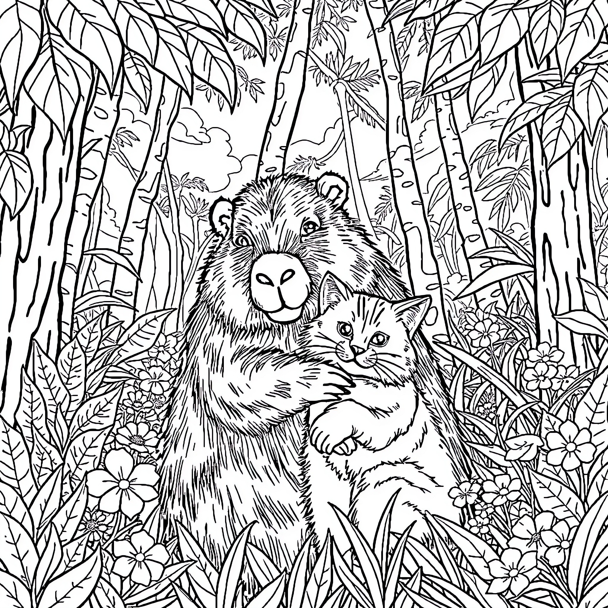 Capybara and cat friends in the lush forest Coloring Page (free black-and-white line drawing printable PDF for all, from beginners to advanced learners, including children, teens, adults, and seniors)