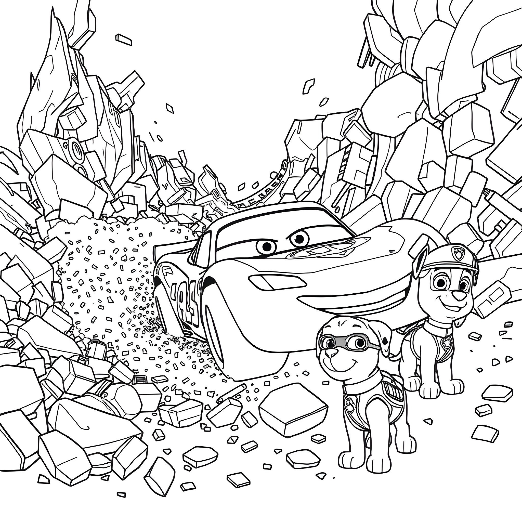 Lightning McQueen and Paw Patrol Ryder on an adventure Coloring Page (free black-and-white line drawing printable PDF for all, from beginners to advanced learners, including children, teens, adults, and seniors)