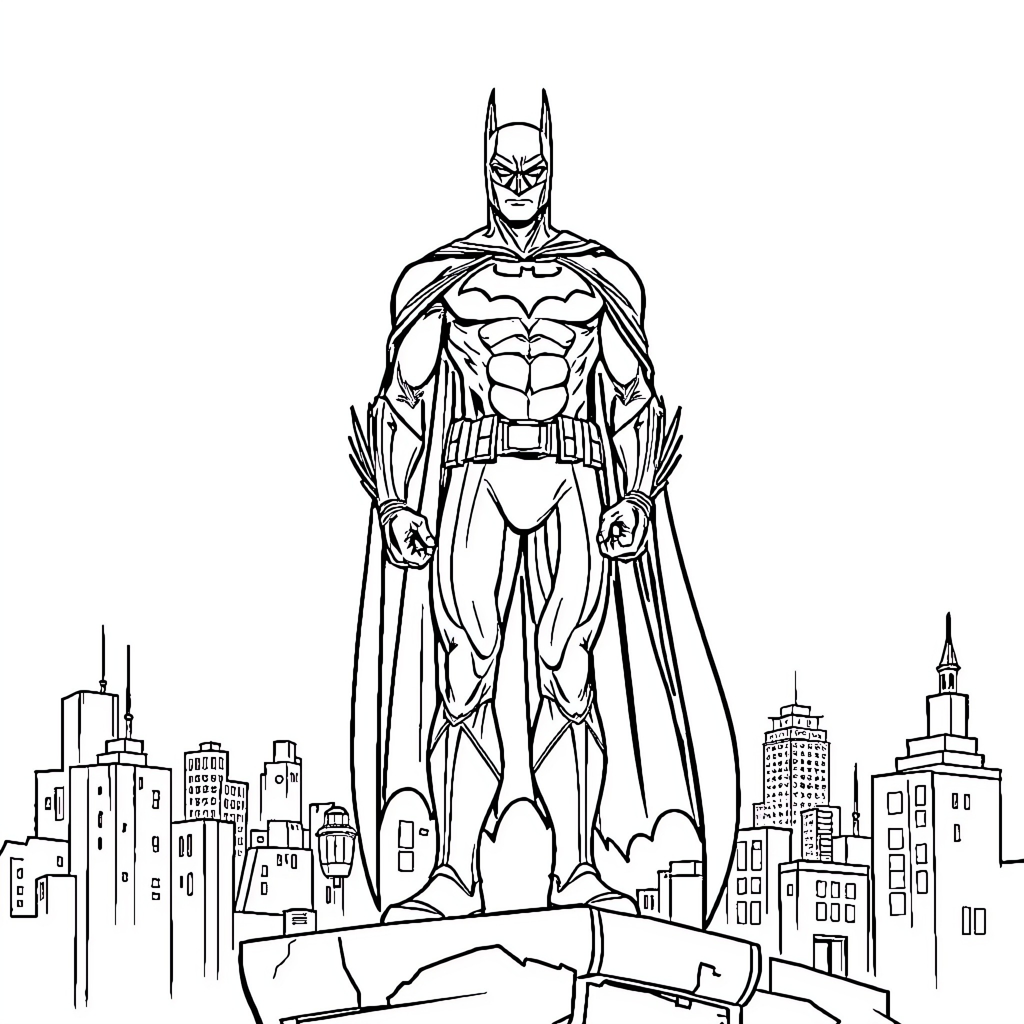 Batman standing tall in the city skyline Coloring Page (free black-and-white line drawing printable PDF for all, from beginners to advanced learners, including children, teens, adults, and seniors)
