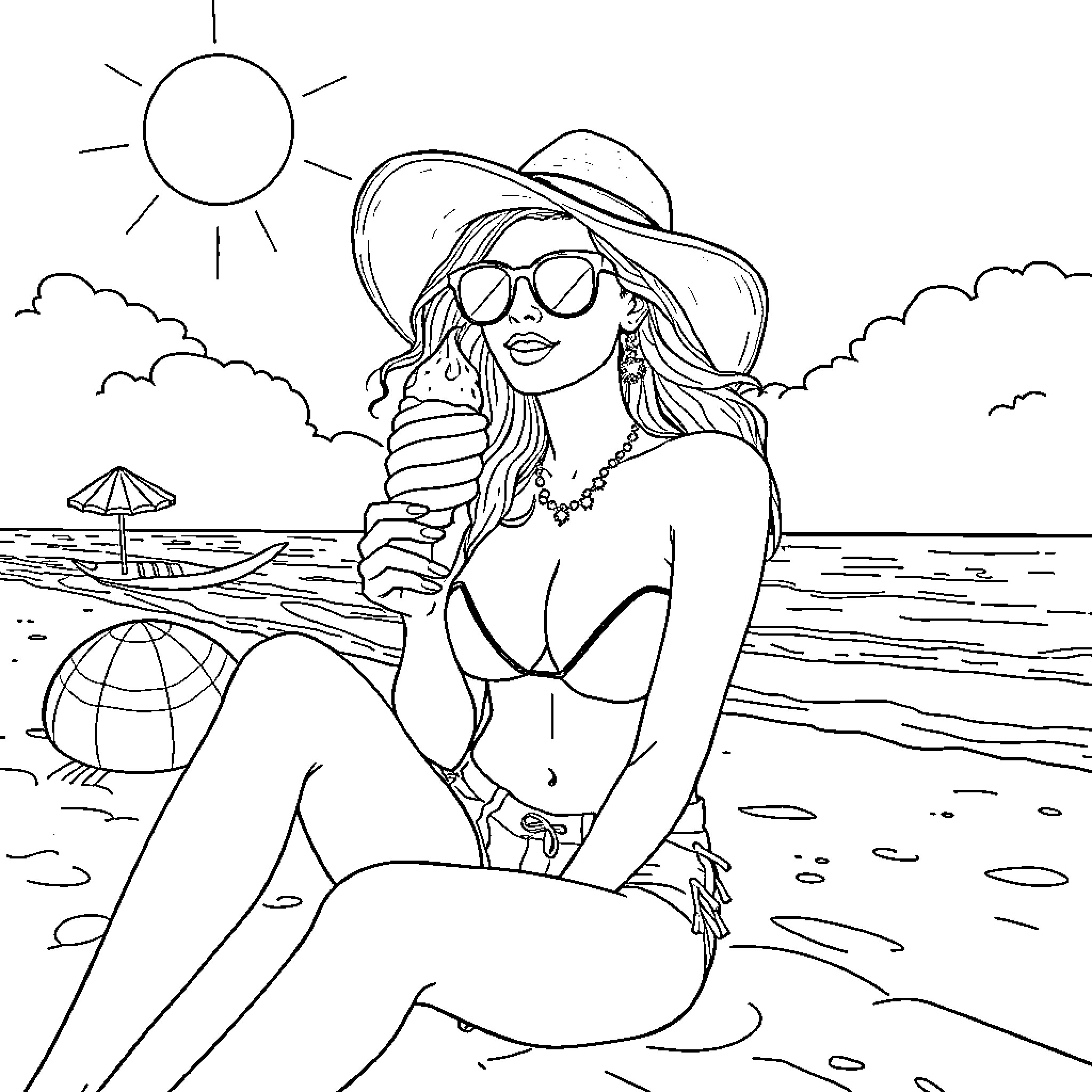 Woman relaxing on the beach in summer attire Coloring Page (free black-and-white line drawing printable PDF for all, from beginners to advanced learners, including children, teens, adults, and seniors)