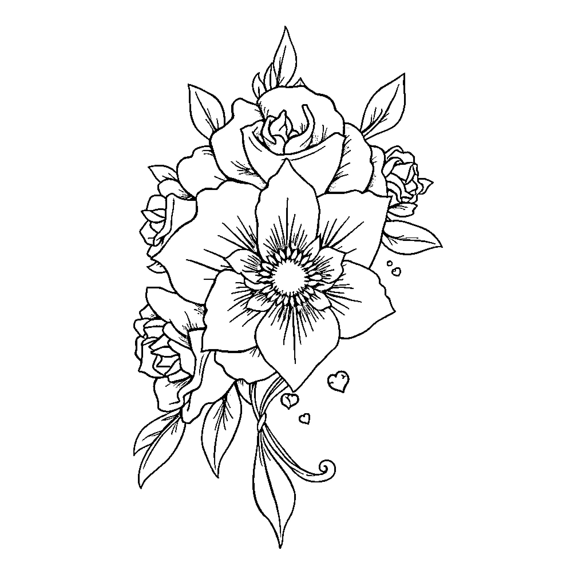 Tattoo of beautiful floral arrangement Coloring Page (free black-and-white line drawing printable PDF for all, from beginners to advanced learners, including children, teens, adults, and seniors)
