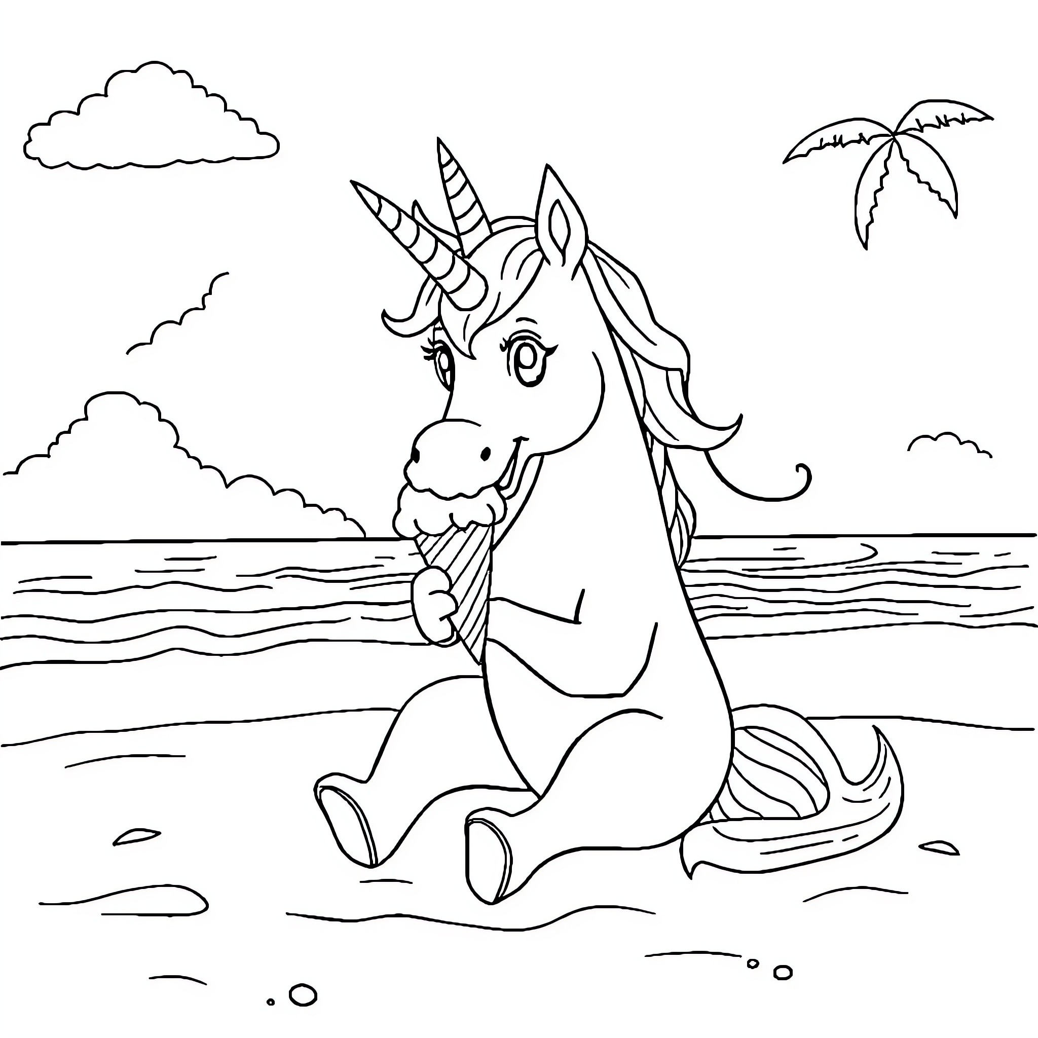 Unicorn enjoying a peaceful day by the sea Coloring Page (free black-and-white line drawing printable PDF for all, from beginners to advanced learners, including children, teens, adults, and seniors)