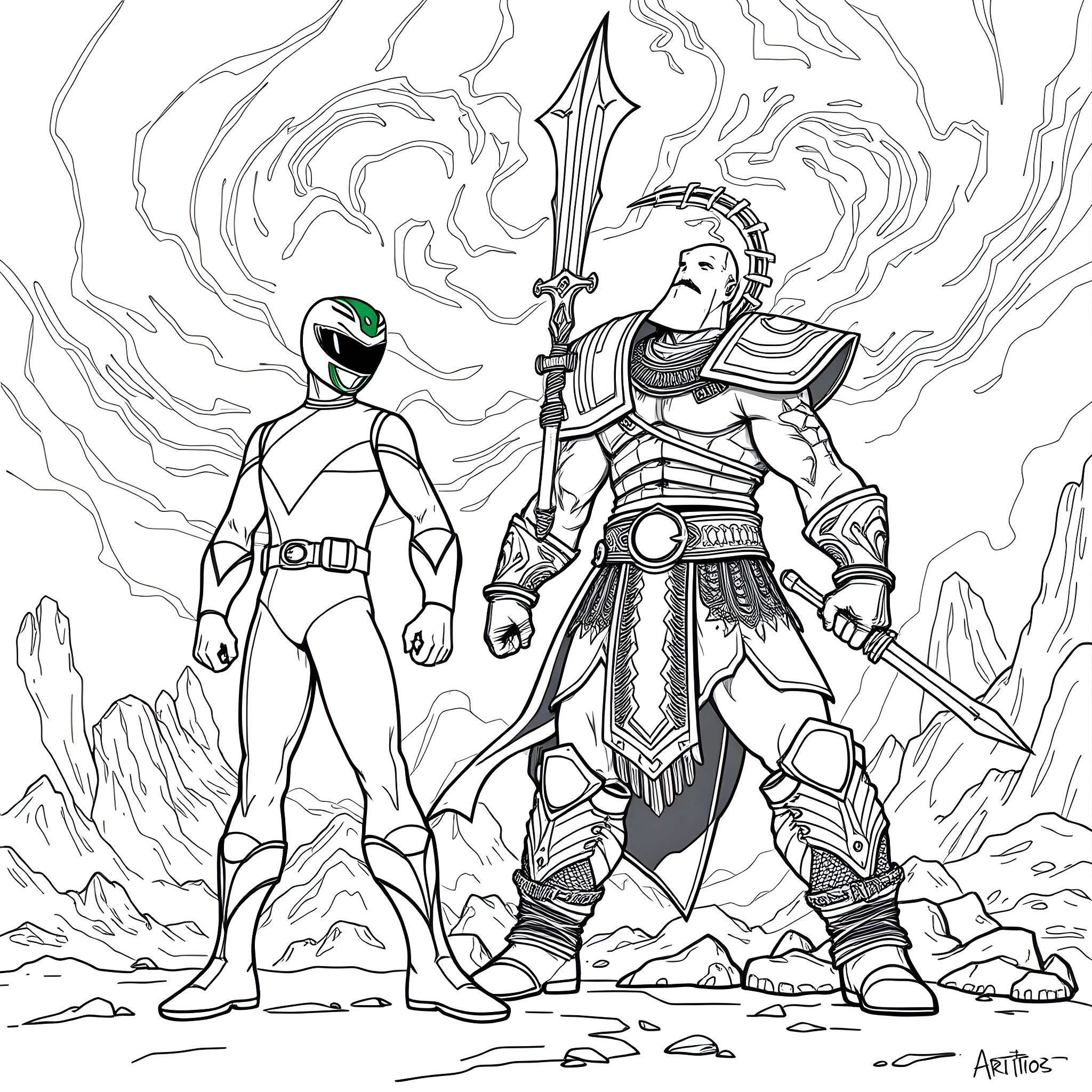 Green Power Ranger battles against a fearsome warrior Coloring Page (free black-and-white line drawing printable PDF for all, from beginners to advanced learners, including children, teens, adults, and seniors)