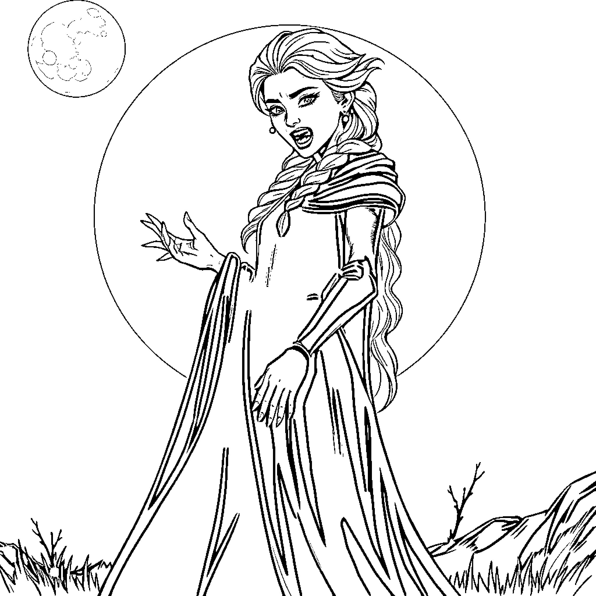 Elsa embracing the winter winds in a serene moonlit scene Coloring Page (free black-and-white line drawing printable PDF for all, from beginners to advanced learners, including children, teens, adults, and seniors)