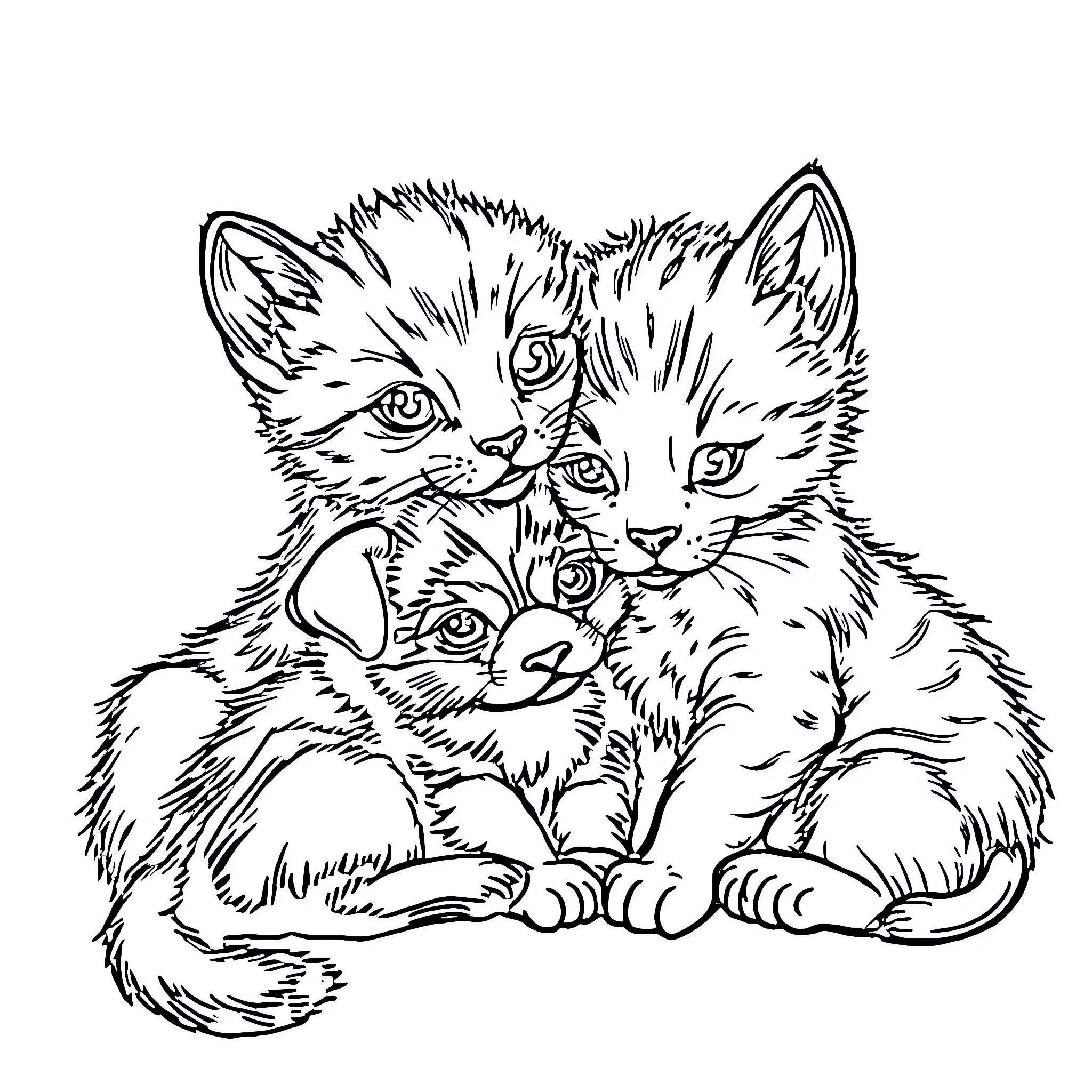 Kitten and Puppy Cuddling Affectionately Coloring Page (free black-and-white line drawing printable PDF for all, from beginners to advanced learners, including children, teens, adults, and seniors)