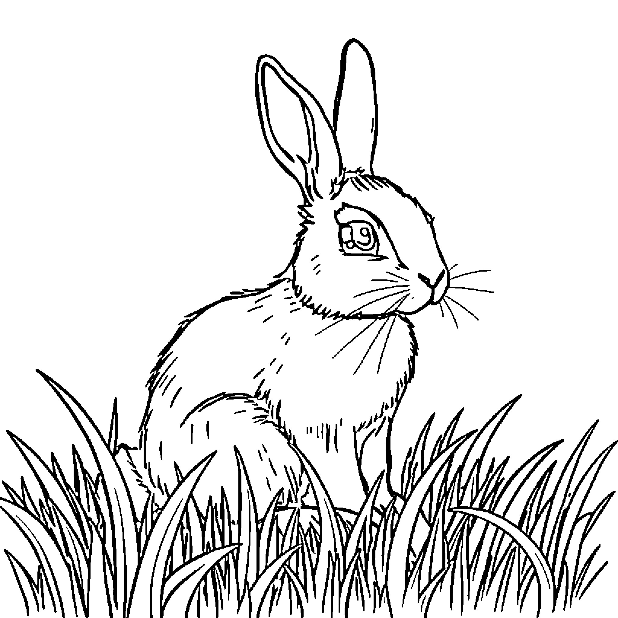 Rabbit sitting in grassy field Coloring Page (free black-and-white line drawing printable PDF for all, from beginners to advanced learners, including children, teens, adults, and seniors)
