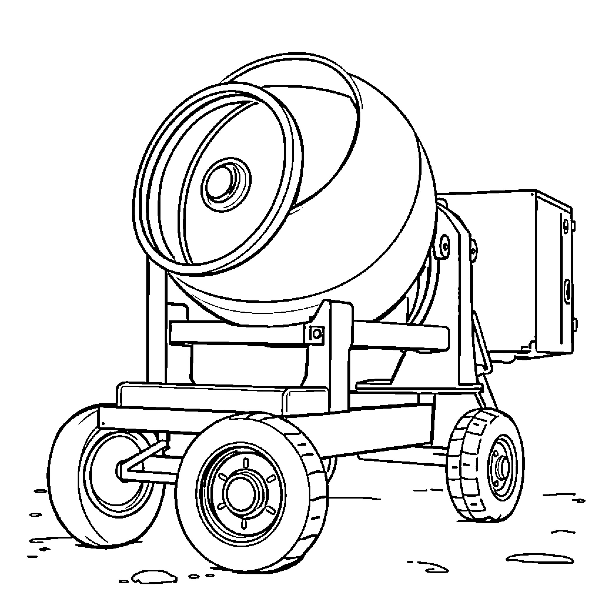 Cement Mixer on Construction Site Coloring Page (free black-and-white line drawing printable PDF for all, from beginners to advanced learners, including children, teens, adults, and seniors)