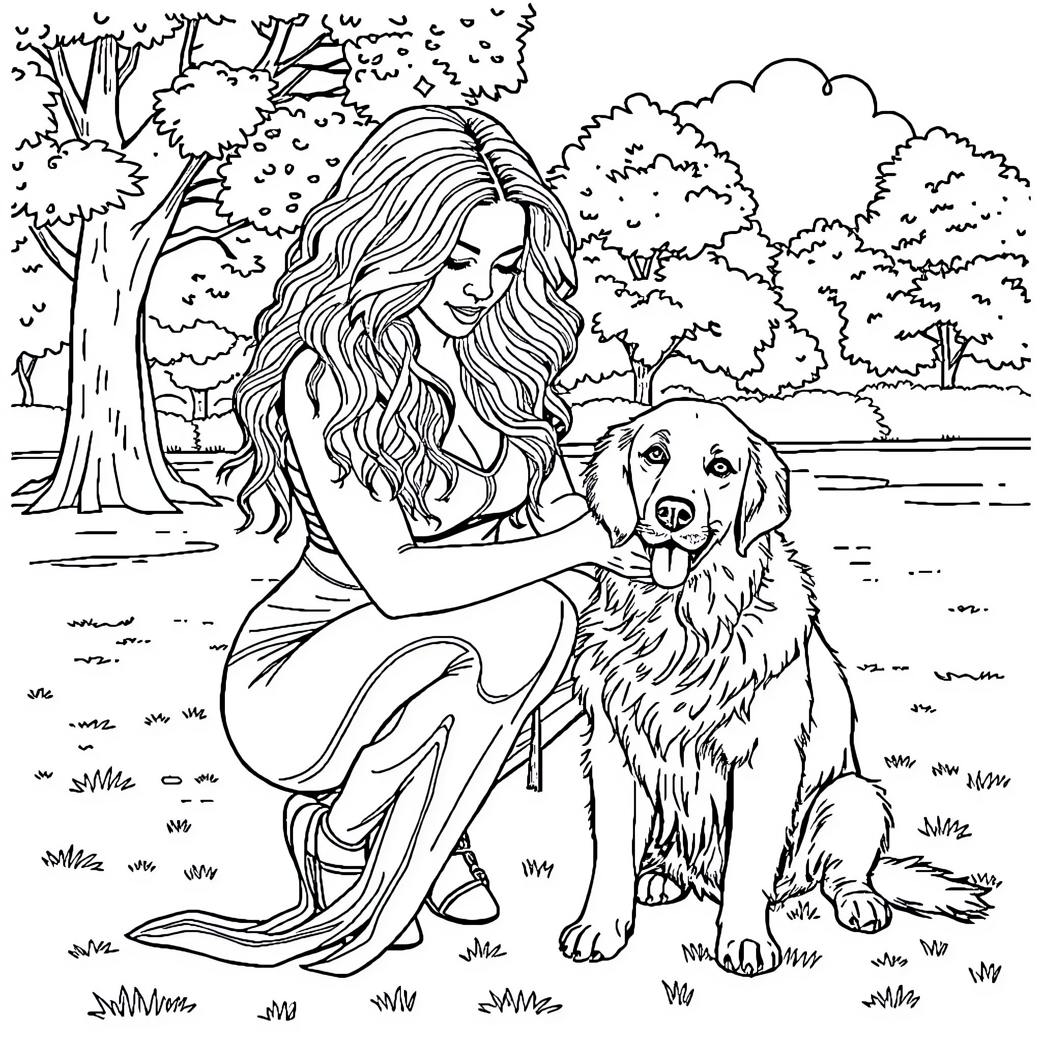 Beyonce enjoying nature with her loyal companion Coloring Page (free black-and-white line drawing printable PDF for all, from beginners to advanced learners, including children, teens, adults, and seniors)