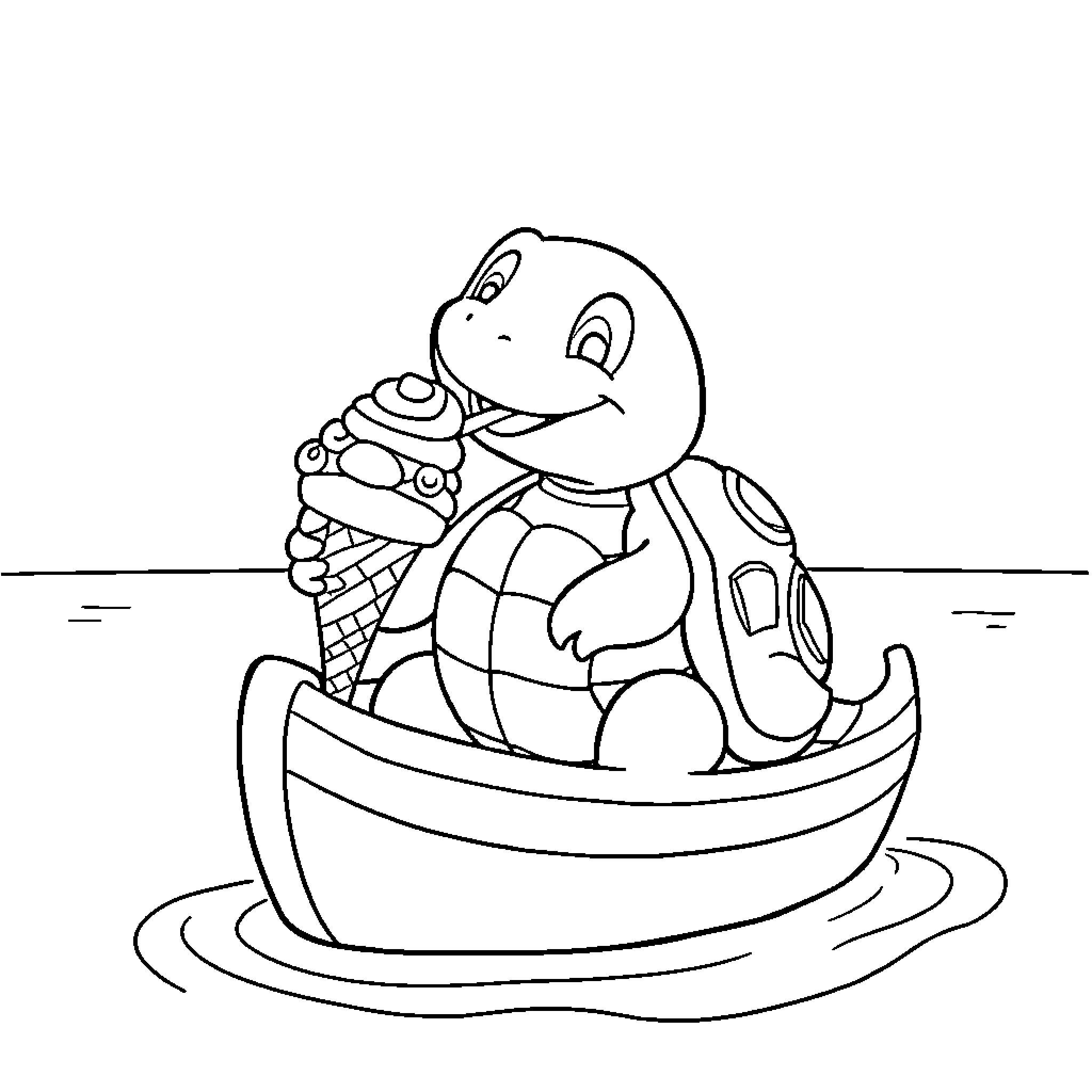 Turtle enjoying ice cream on a boat Coloring Page (free black-and-white line drawing printable PDF for all, from beginners to advanced learners, including children, teens, adults, and seniors)