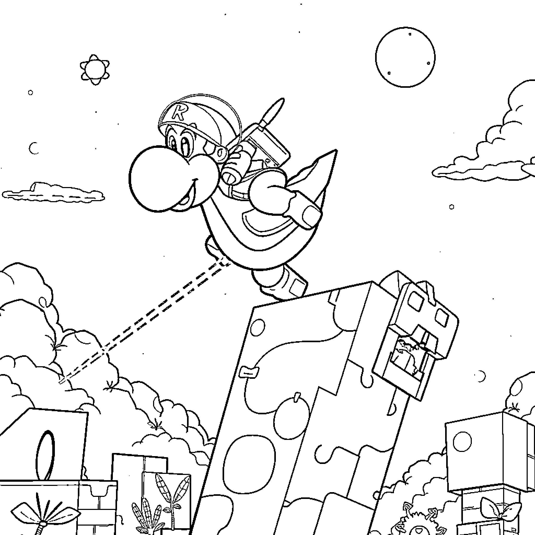 Space Ranger floating over a whimsical landscape Coloring Page (free black-and-white line drawing printable PDF for all, from beginners to advanced learners, including children, teens, adults, and seniors)