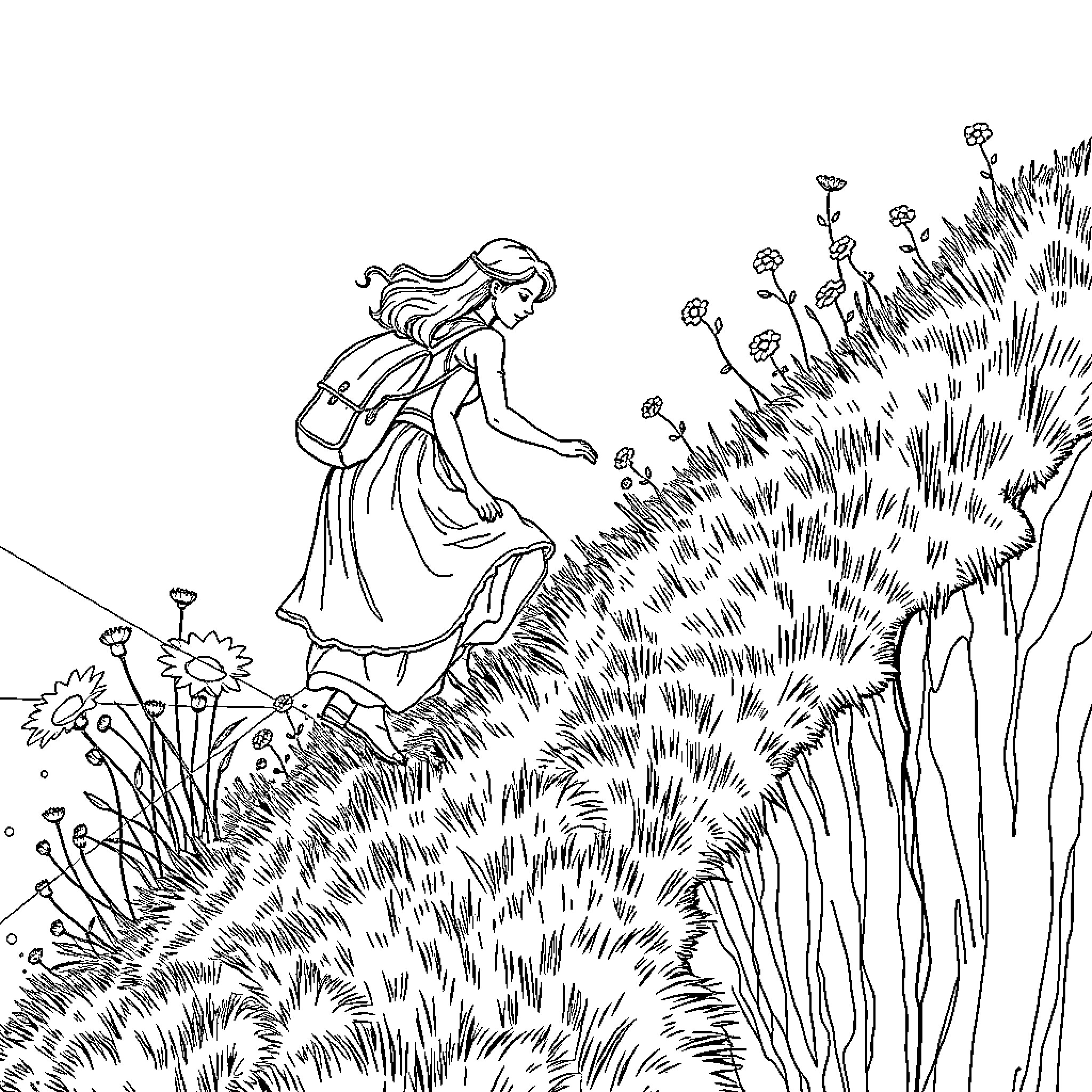 Woman Exploring the Enchanting Meadow Coloring Page (free black-and-white line drawing printable PDF for all, from beginners to advanced learners, including children, teens, adults, and seniors)