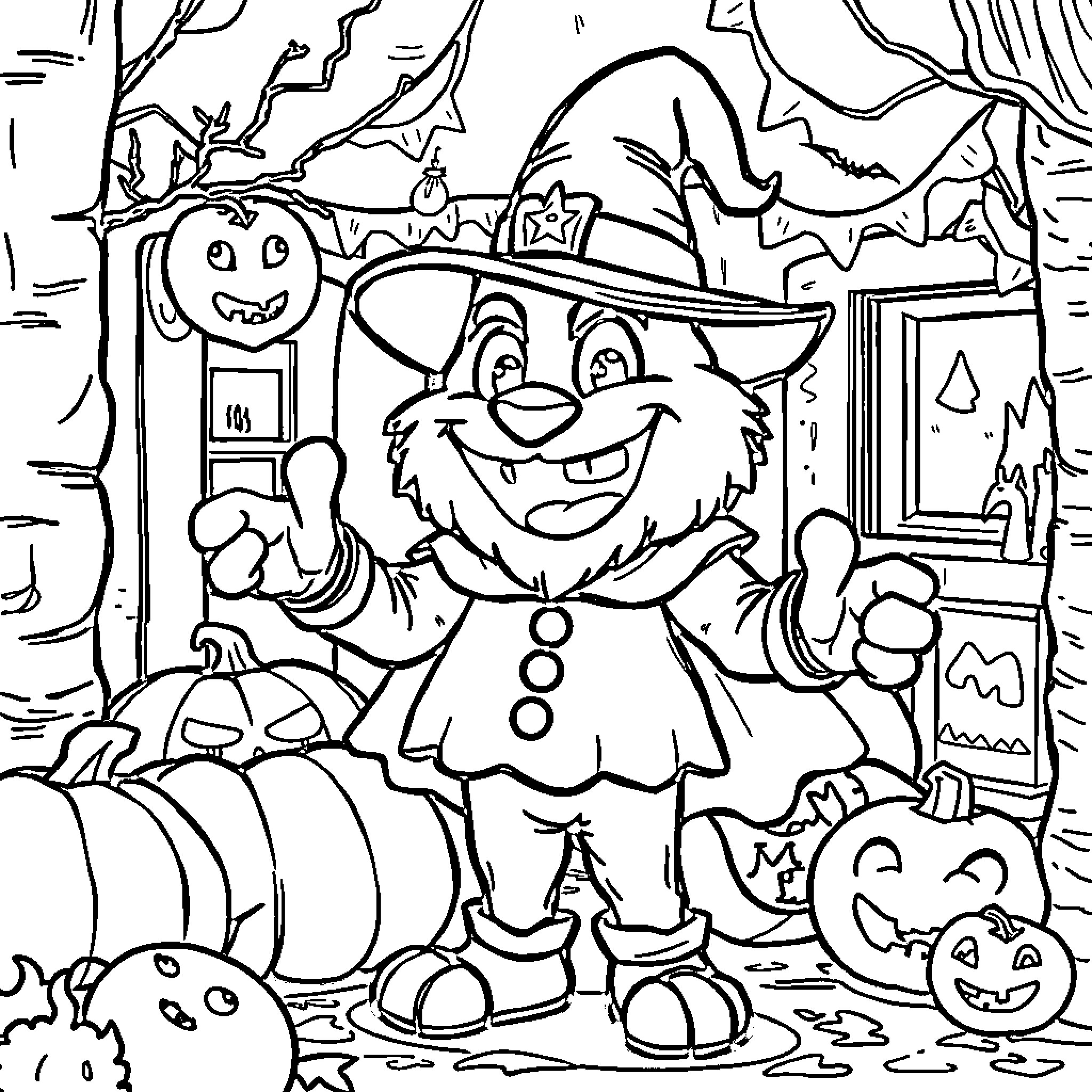 Kaboom! Playful Halloween Scene with Festive Characters Coloring Page (free black-and-white line drawing printable PDF for all, from beginners to advanced learners, including children, teens, adults, and seniors)