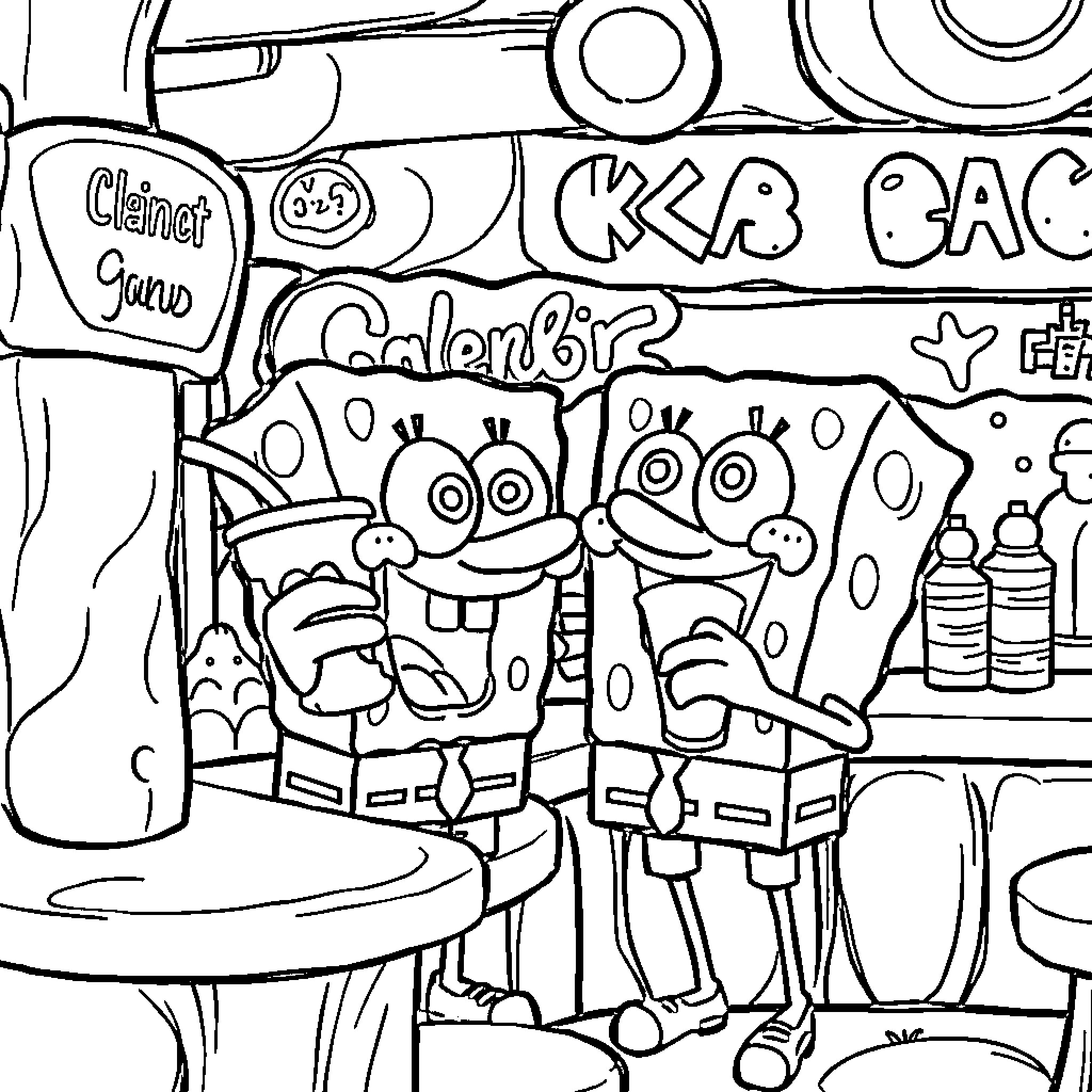 Spongebob and Patrick at the Krusty Krab Coloring Scene Coloring Page (free black-and-white line drawing printable PDF for all, from beginners to advanced learners, including children, teens, adults, and seniors)