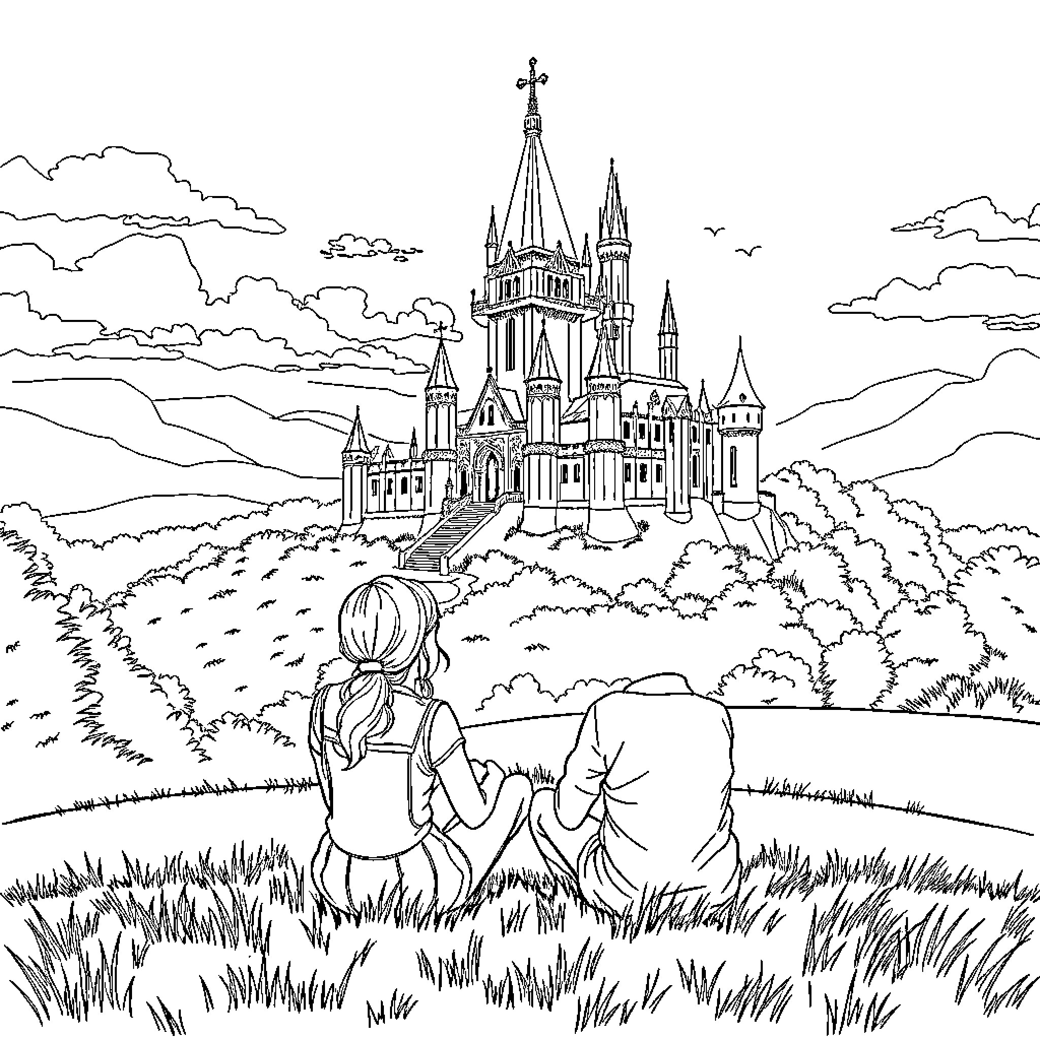 Couple admiring the majestic castle in the distance Coloring Page (free black-and-white line drawing printable PDF for all, from beginners to advanced learners, including children, teens, adults, and seniors)