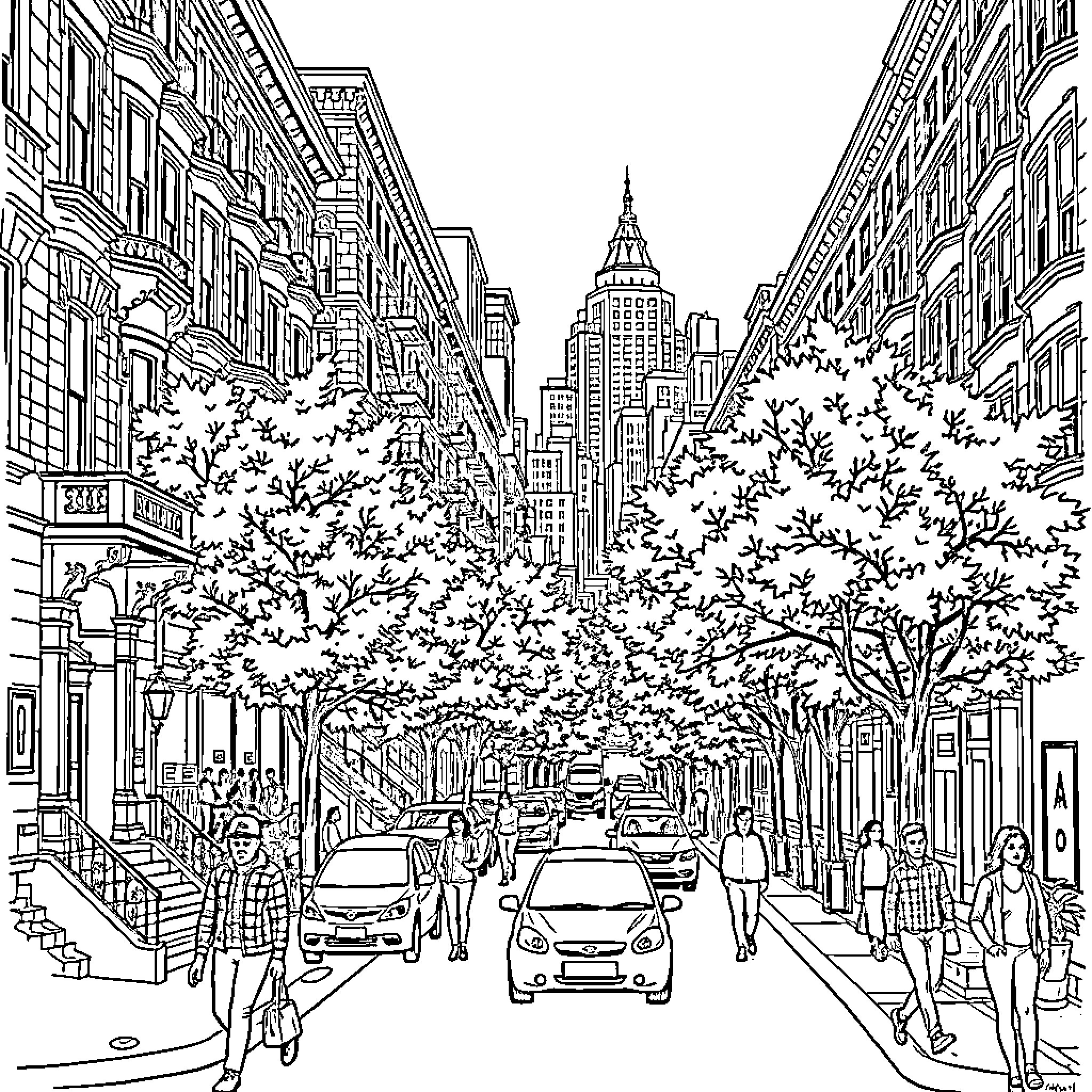 Street scene with tall buildings and pedestrians Coloring Page (free black-and-white line drawing printable PDF for all, from beginners to advanced learners, including children, teens, adults, and seniors)