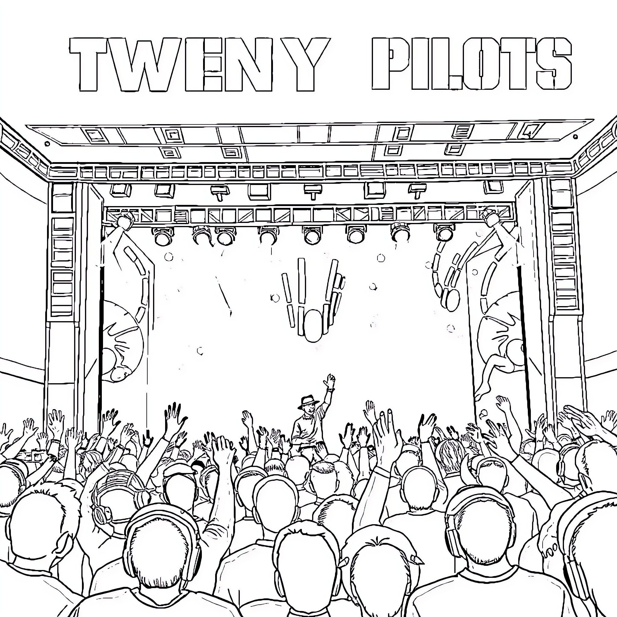 Twenty Pilots performing on stage with energetic crowd Coloring Page (free black-and-white line drawing printable PDF for all, from beginners to advanced learners, including children, teens, adults, and seniors)