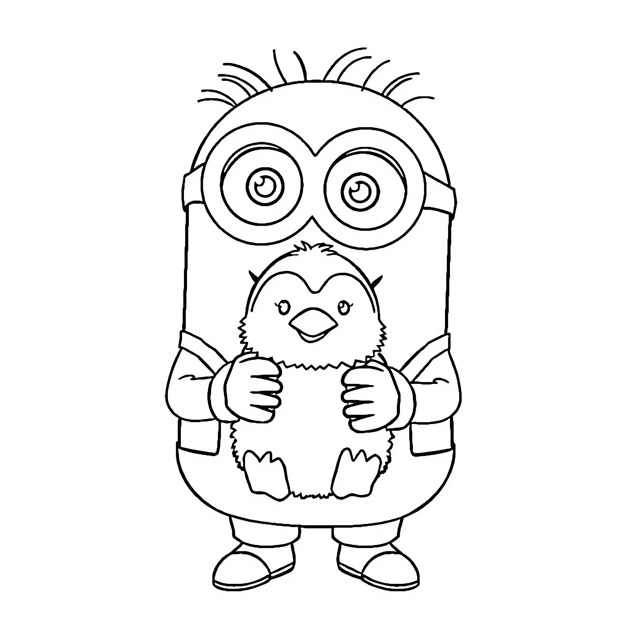 Minion holding a chick in a cute pose Coloring Page (free black-and-white line drawing printable PDF for all, from beginners to advanced learners, including children, teens, adults, and seniors)