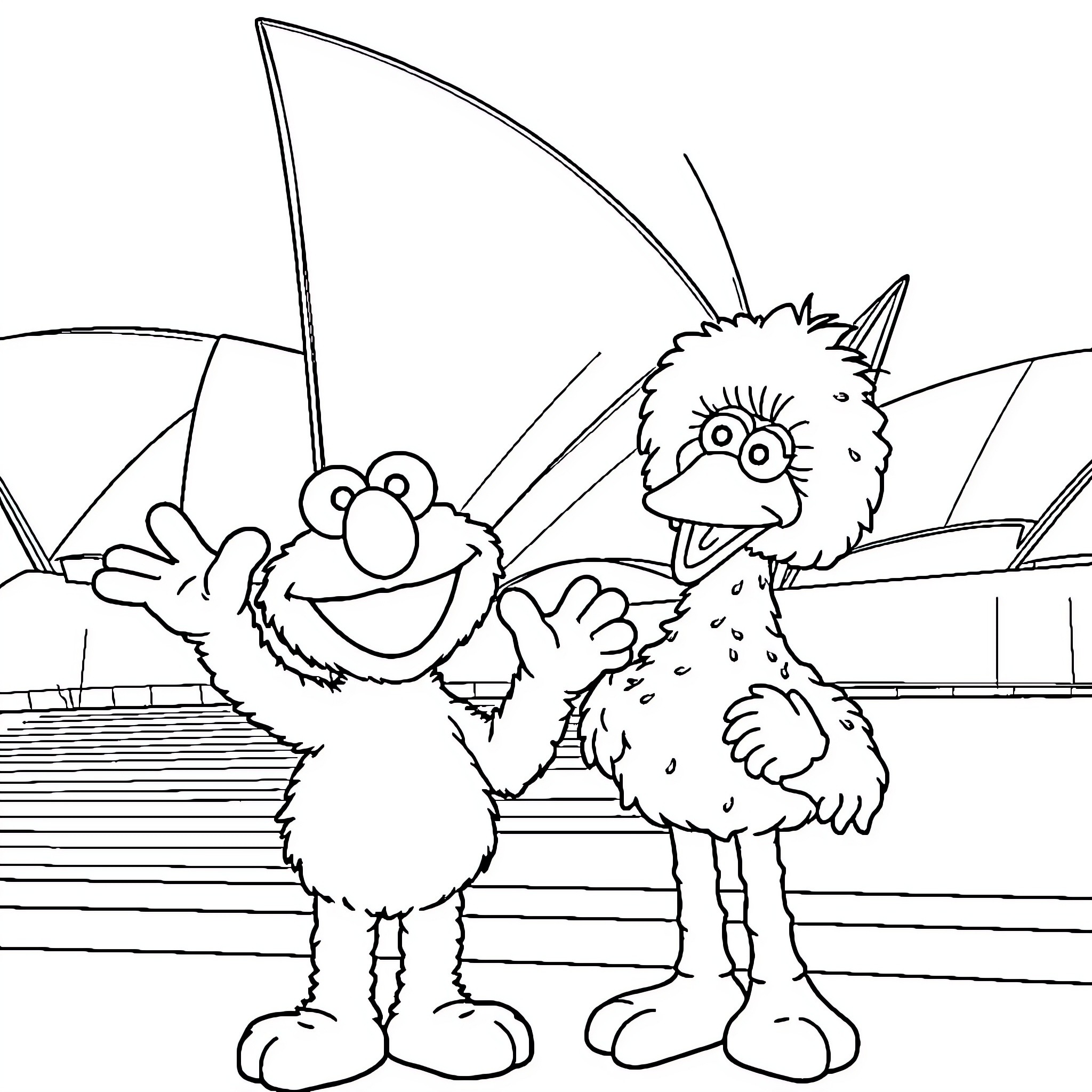 Elmo and Monster Friend Enjoy Playtime Outdoors Coloring Page (free black-and-white line drawing printable PDF for all, from beginners to advanced learners, including children, teens, adults, and seniors)