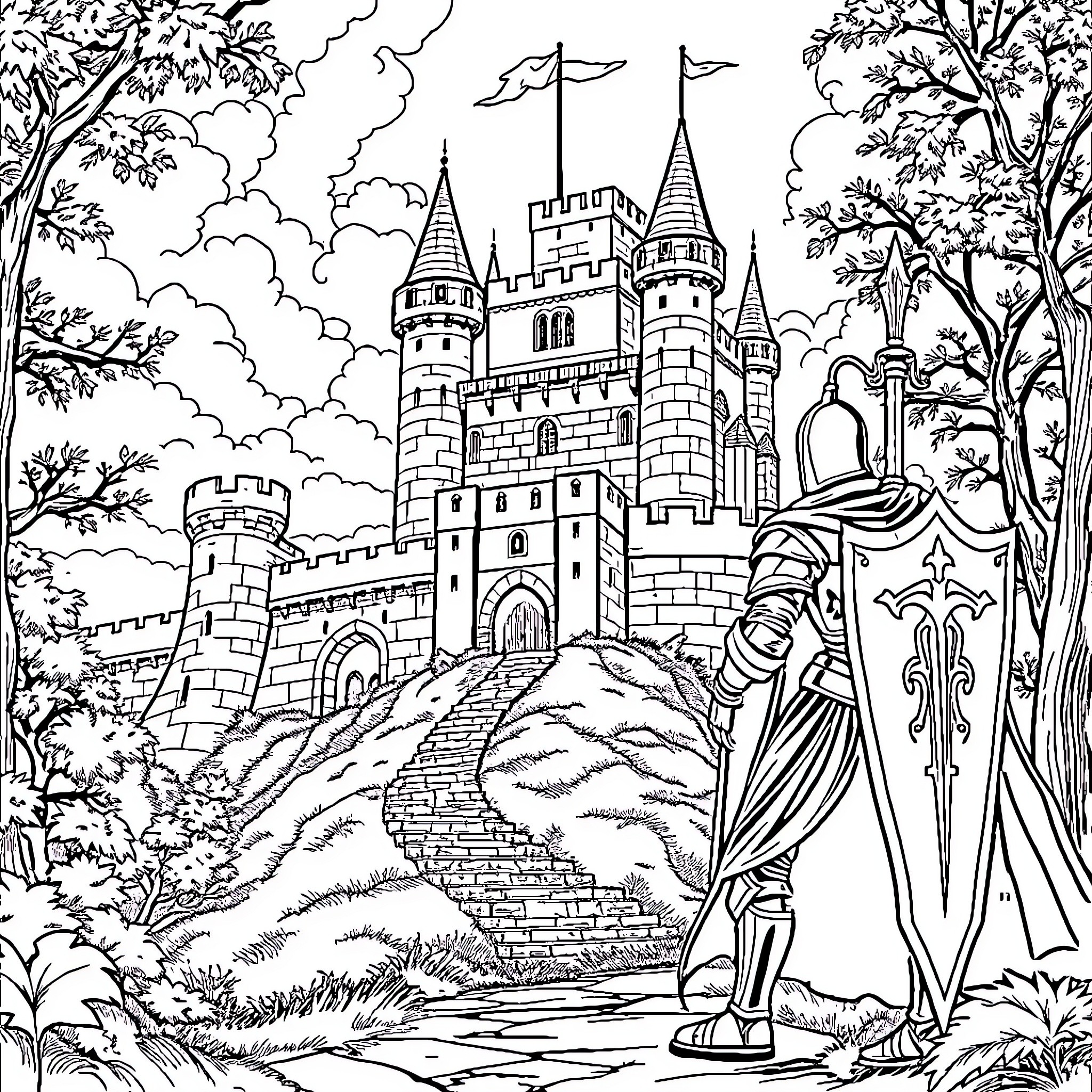 Castle in a Magical Landscape Coloring Page (free black-and-white line drawing printable PDF for all, from beginners to advanced learners, including children, teens, adults, and seniors)