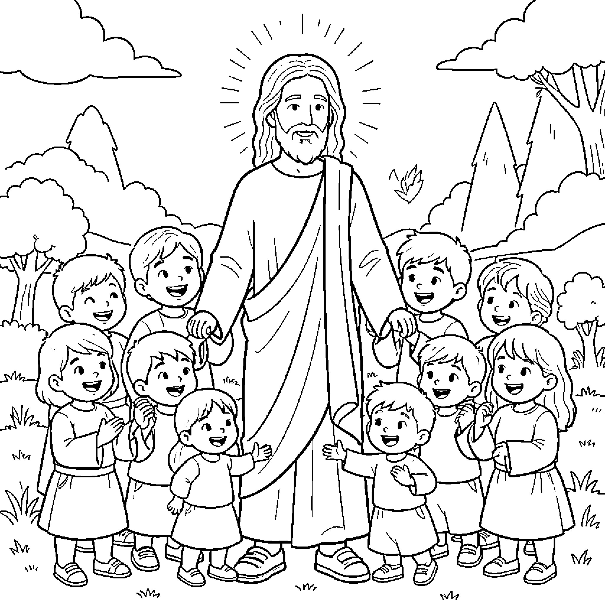 Jesus teaching and embracing children in nature Coloring Page (free black-and-white line drawing printable PDF for all, from beginners to advanced learners, including children, teens, adults, and seniors)