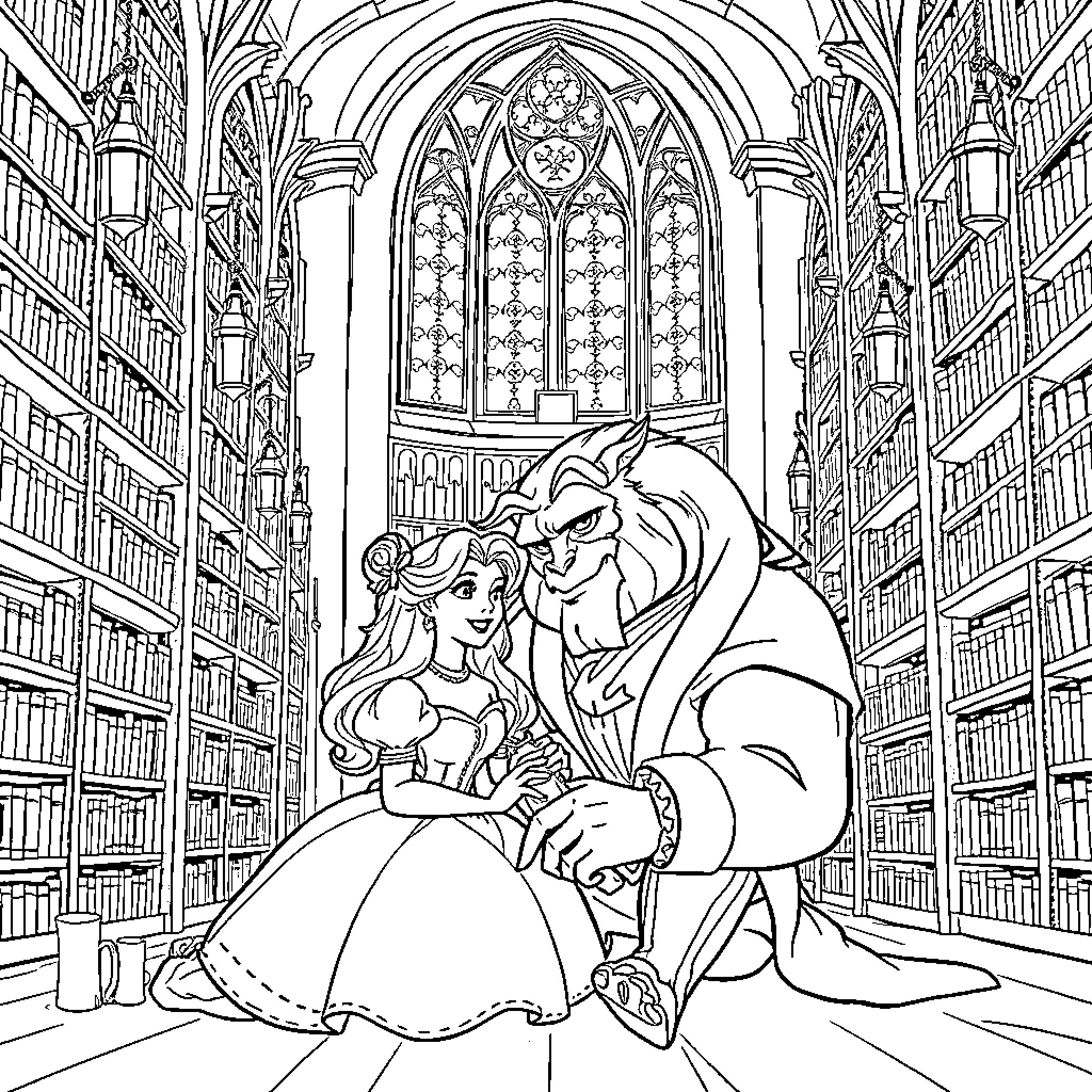 Beauty and the Beast's romantic dance in the library Coloring Page (free black-and-white line drawing printable PDF for all, from beginners to advanced learners, including children, teens, adults, and seniors)