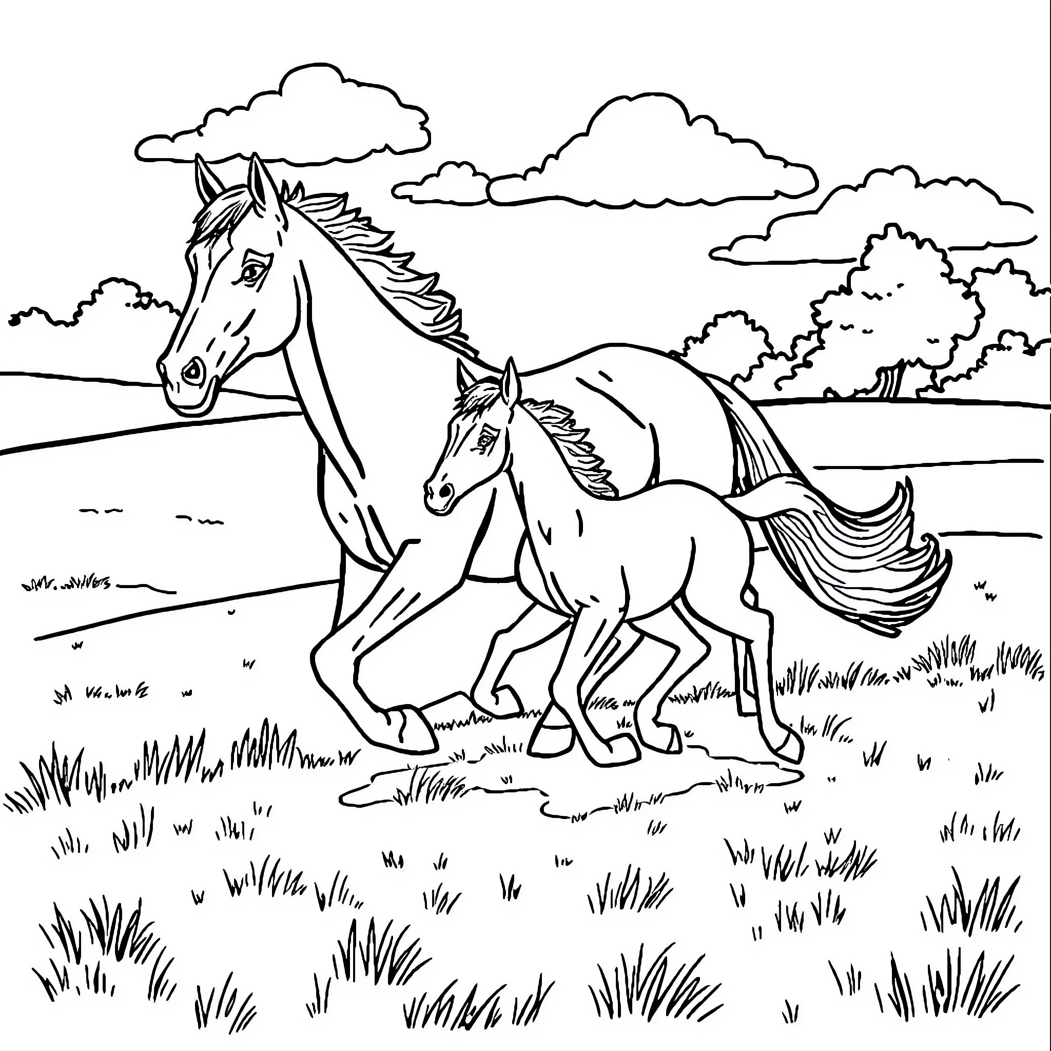 Mare and Foal Galloping Through Meadow Coloring Page (free black-and-white line drawing printable PDF for all, from beginners to advanced learners, including children, teens, adults, and seniors)