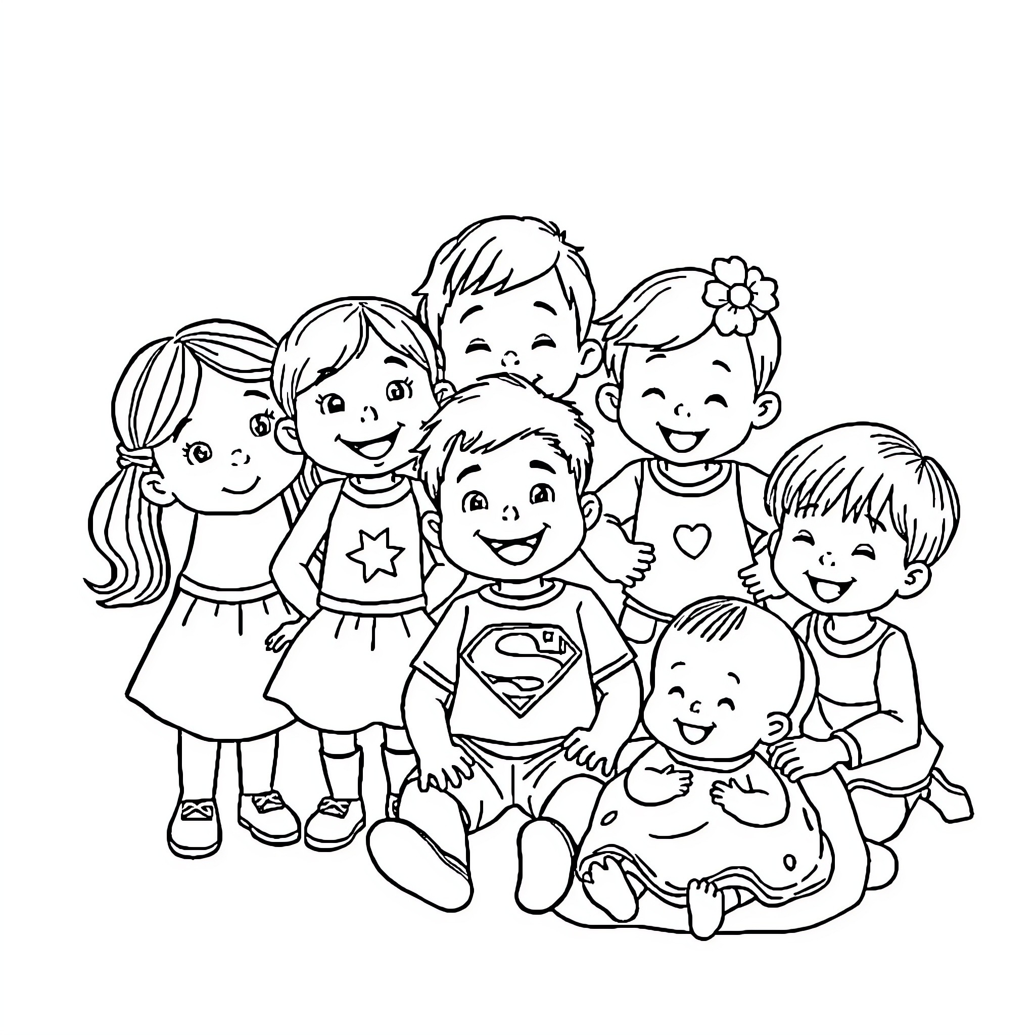 Kid friends playing together happily Coloring Page (free black-and-white line drawing printable PDF for all, from beginners to advanced learners, including children, teens, adults, and seniors)