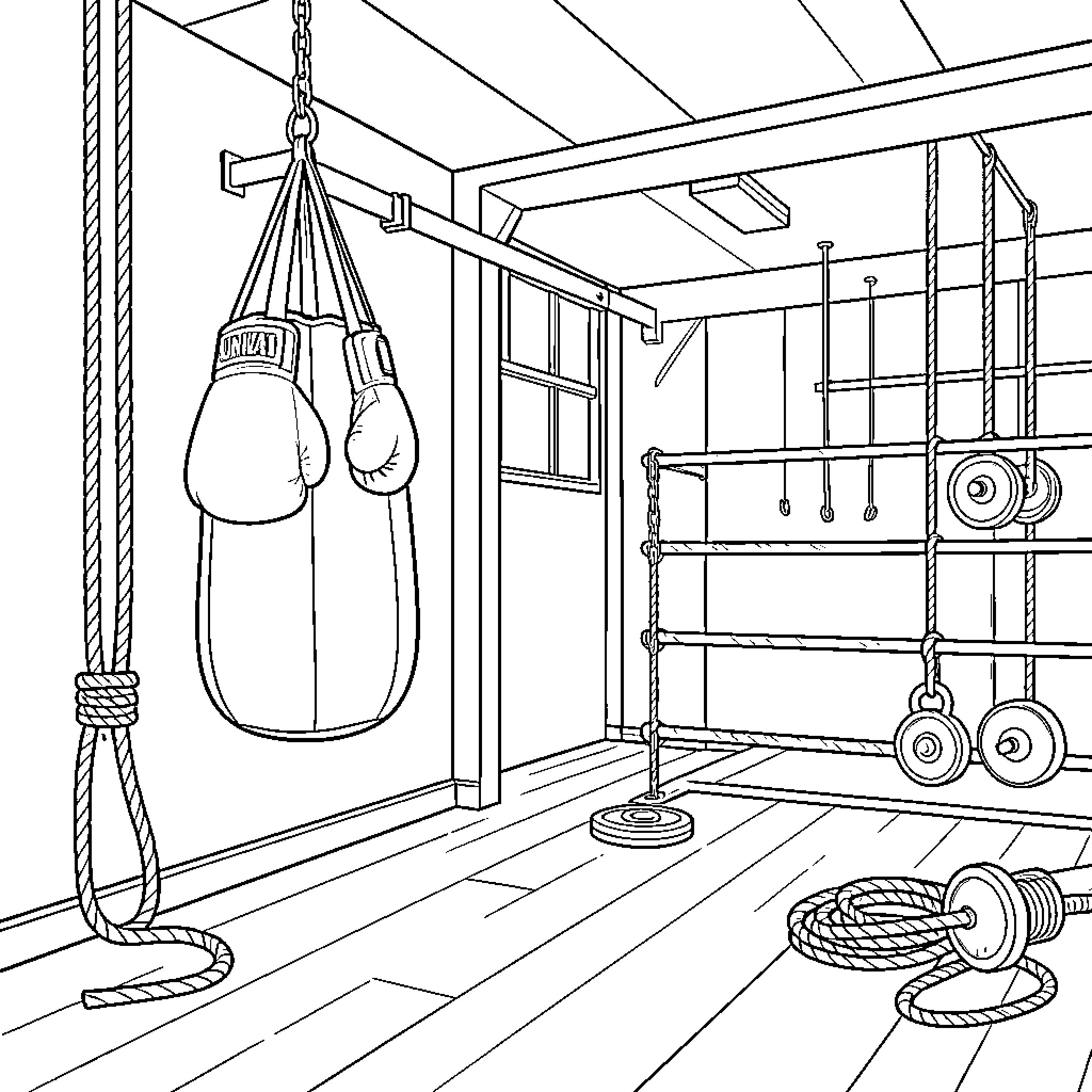Boxing Gear in a Gym Workout Space Coloring Page (free black-and-white line drawing printable PDF for all, from beginners to advanced learners, including children, teens, adults, and seniors)