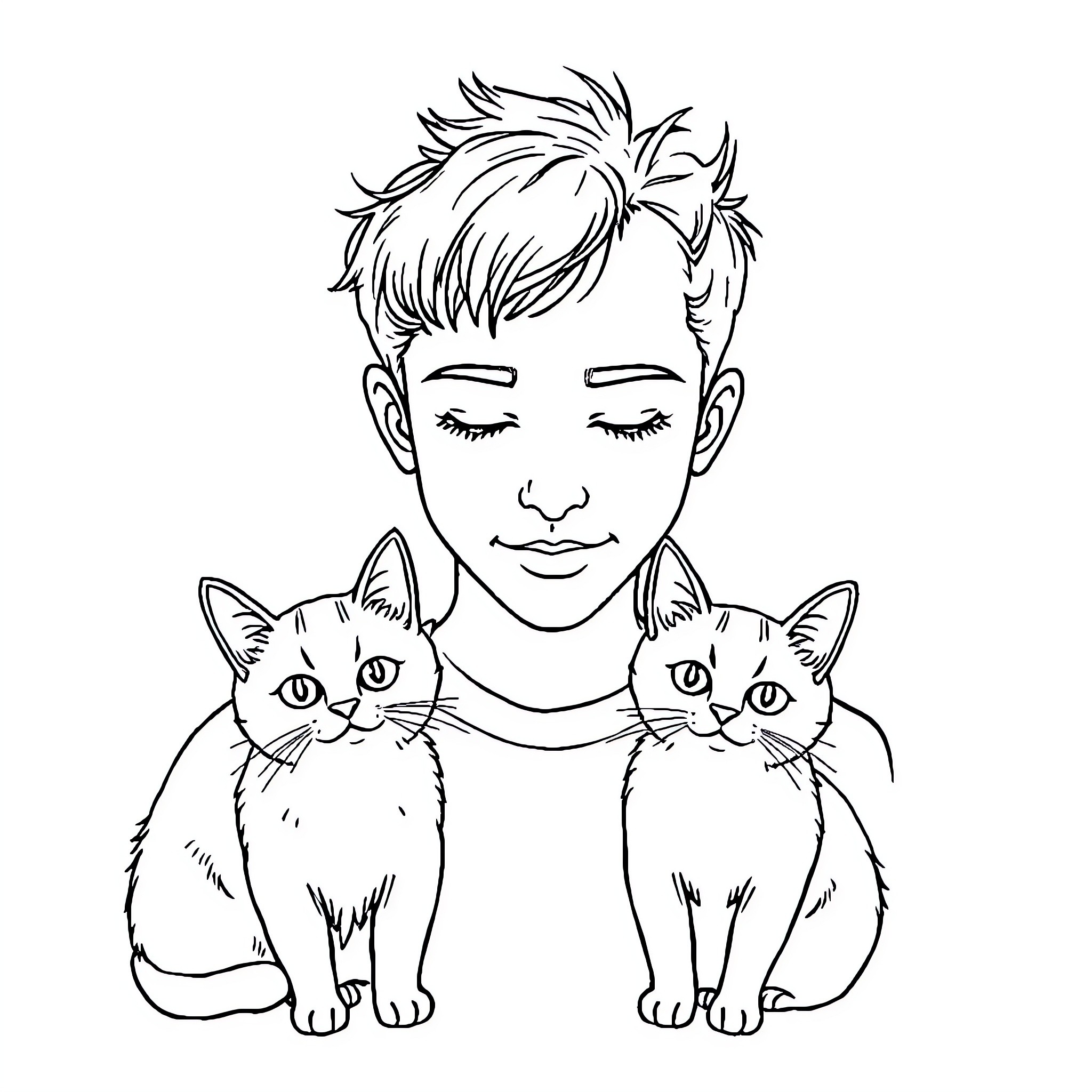Cat companions console boy Coloring Page (free black-and-white line drawing printable PDF for all, from beginners to advanced learners, including children, teens, adults, and seniors)