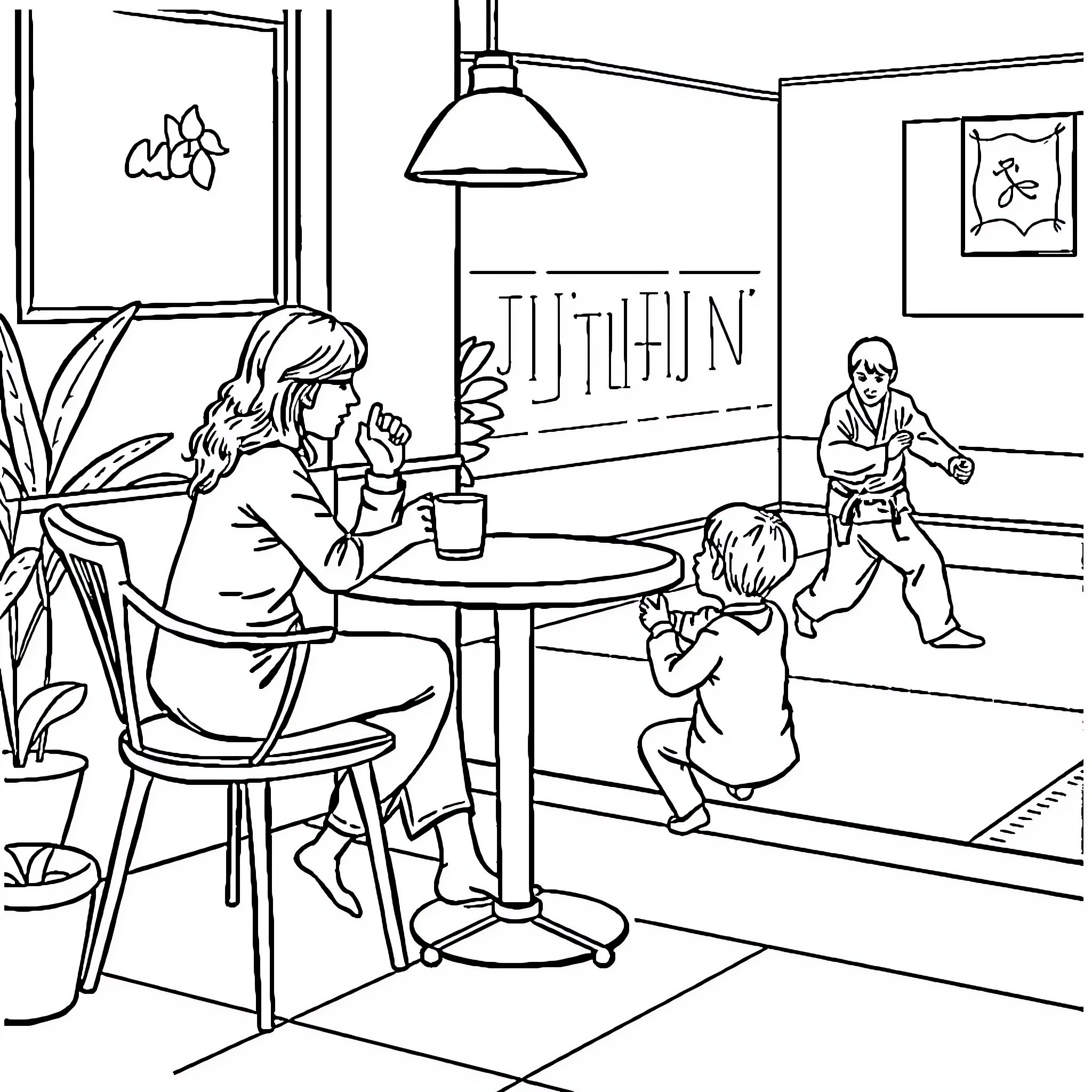 Mum and child enjoying quality time at cafe Coloring Page (free black-and-white line drawing printable PDF for all, from beginners to advanced learners, including children, teens, adults, and seniors)