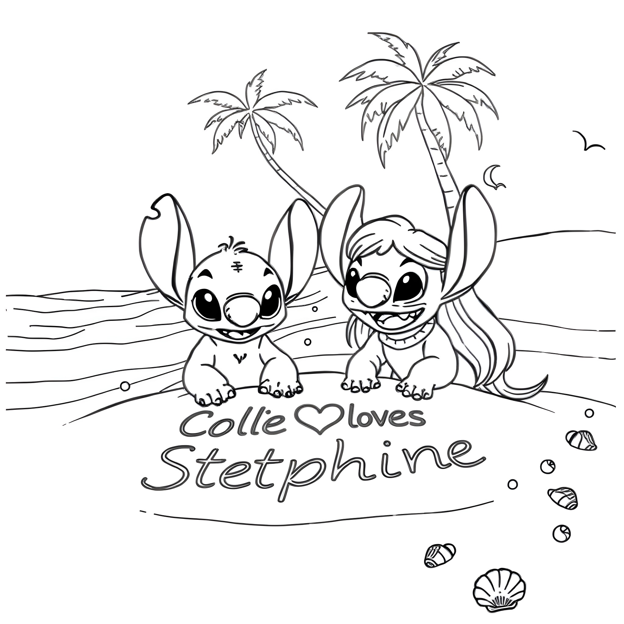 Lilo and Stitch playing happily on the beach Coloring Page (free black-and-white line drawing printable PDF for all, from beginners to advanced learners, including children, teens, adults, and seniors)