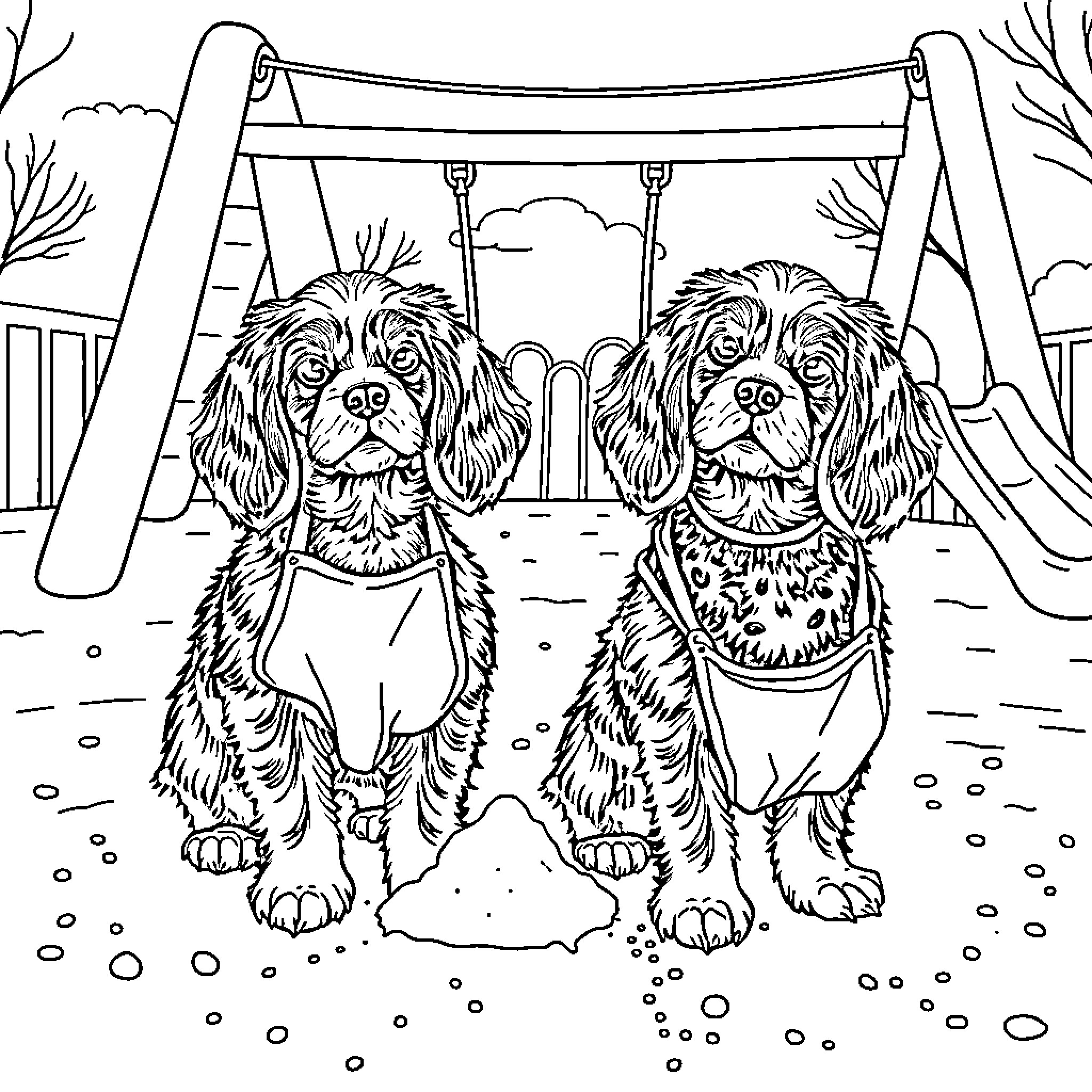 King Charles Cavalier Spaniels playing on a swing Coloring Page (free black-and-white line drawing printable PDF for all, from beginners to advanced learners, including children, teens, adults, and seniors)