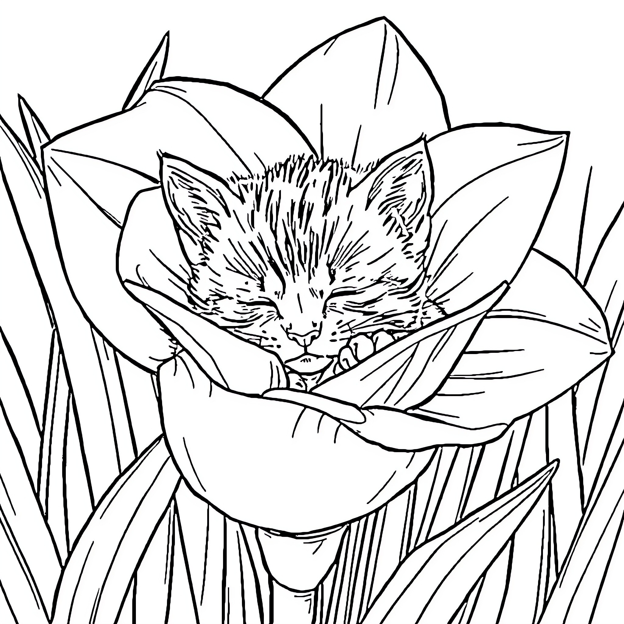 Kitten sleeping peacefully in a flower Coloring Page (free black-and-white line drawing printable PDF for all, from beginners to advanced learners, including children, teens, adults, and seniors)