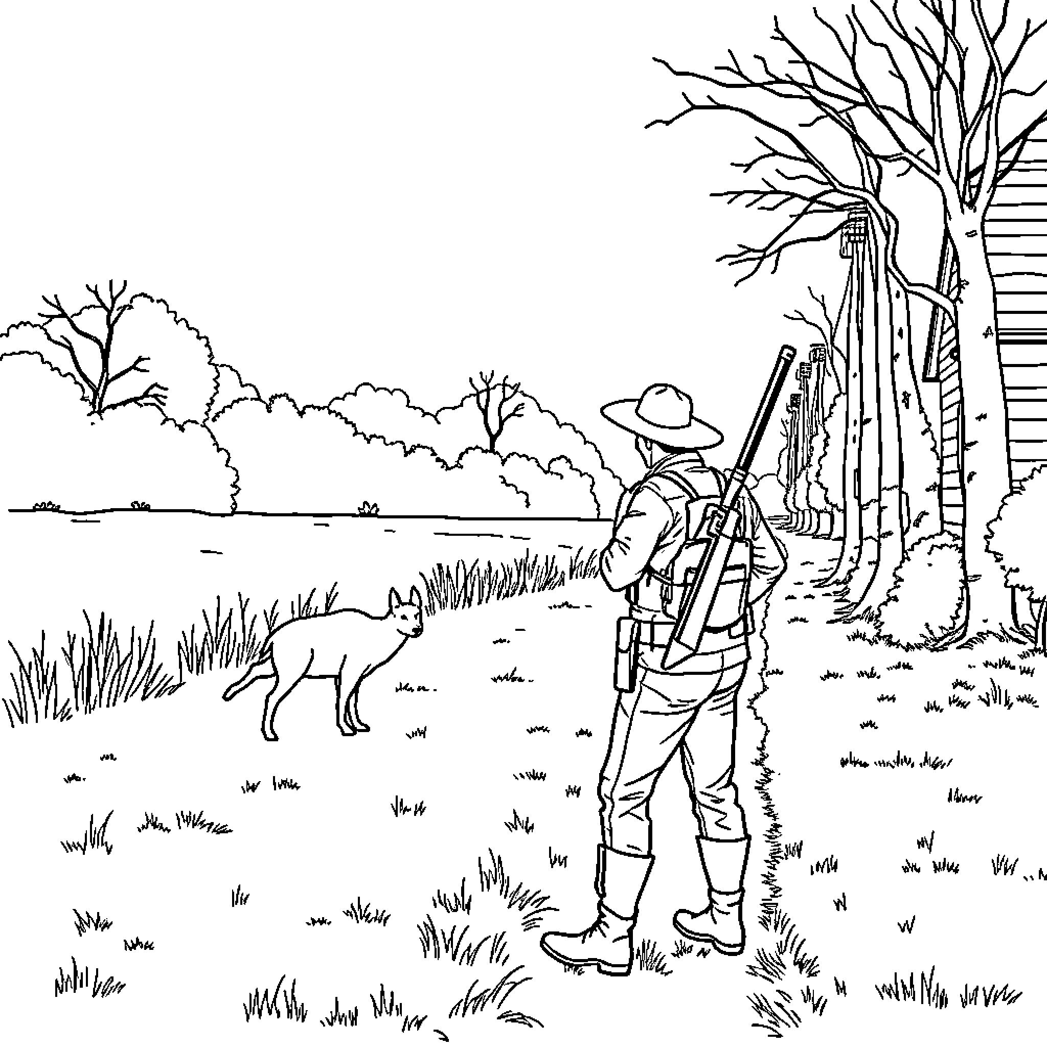 Hunter walking with dog in the forest Coloring Page (free black-and-white line drawing printable PDF for all, from beginners to advanced learners, including children, teens, adults, and seniors)
