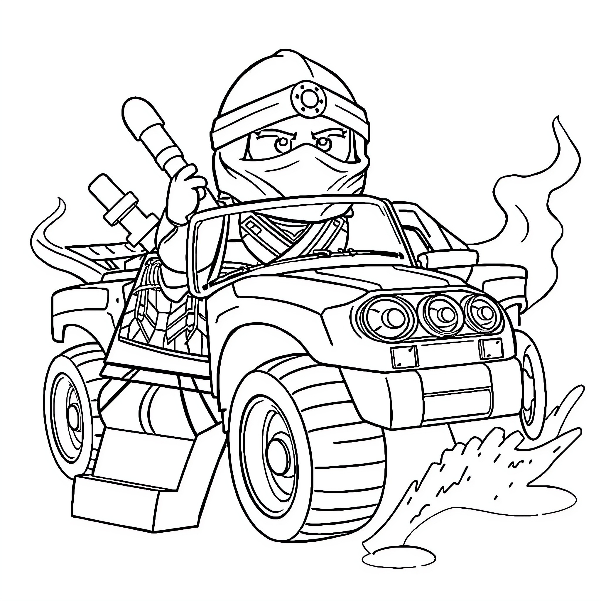 Ninjago warrior driving an off-road vehicle Coloring Page (free black-and-white line drawing printable PDF for all, from beginners to advanced learners, including children, teens, adults, and seniors)