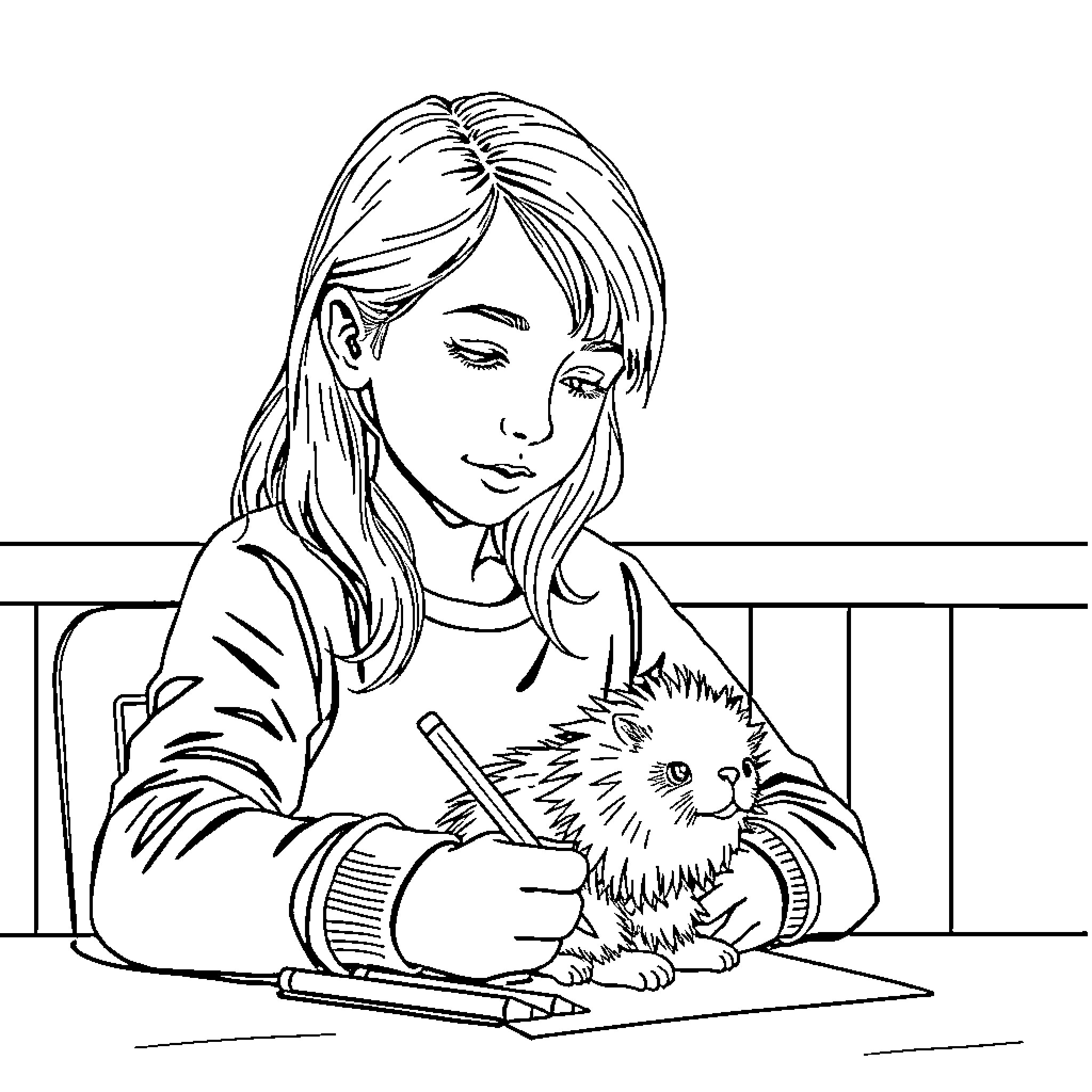 Girl writing with a pet kitten Coloring Page (free black-and-white line drawing printable PDF for all, from beginners to advanced learners, including children, teens, adults, and seniors)