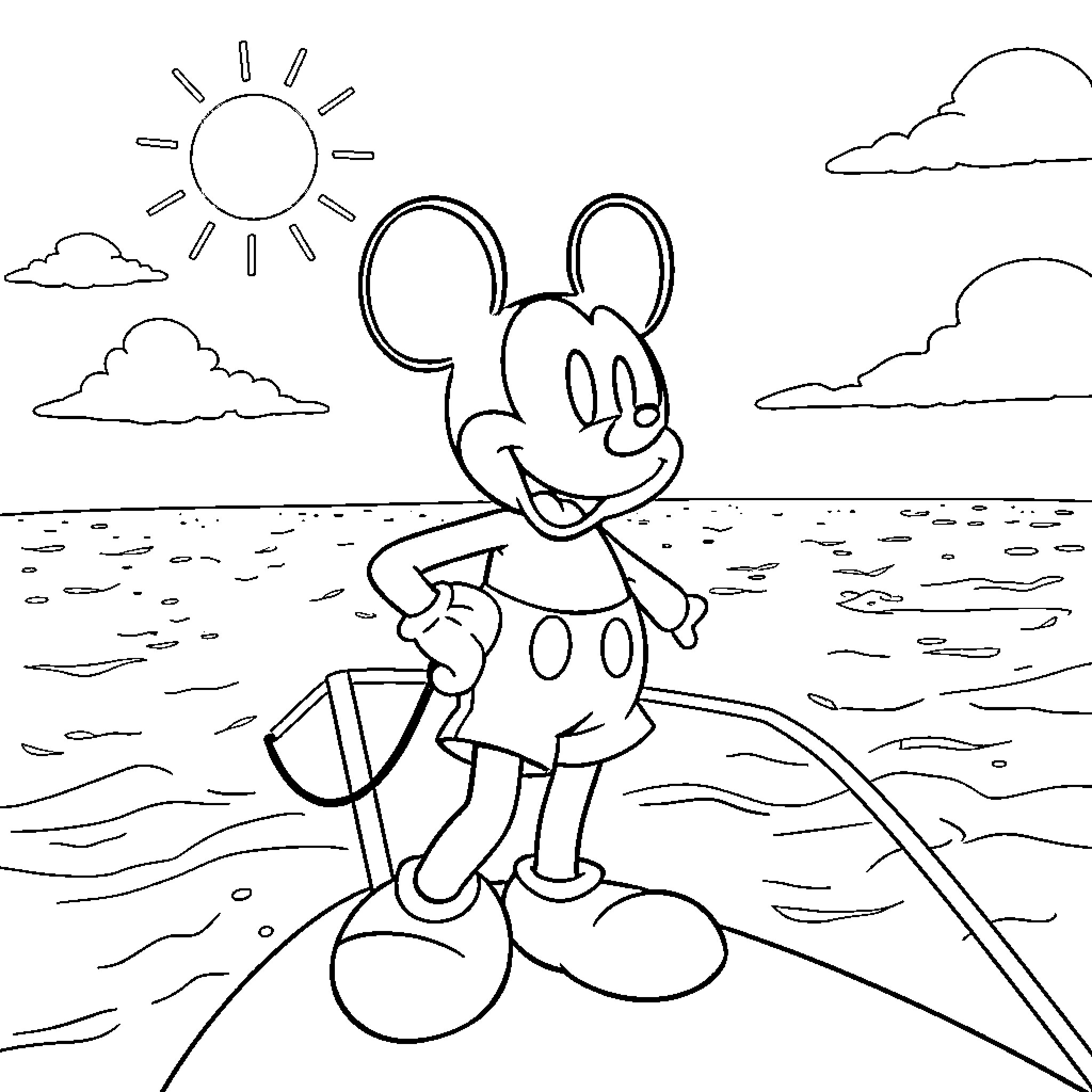 Mickey Mouse enjoying a sunny day at the beach Coloring Page (free black-and-white line drawing printable PDF for all, from beginners to advanced learners, including children, teens, adults, and seniors)