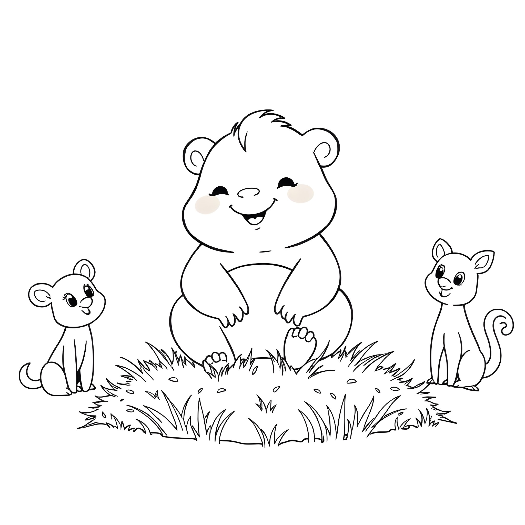 Labubu's cheerful animal friends in the meadow Coloring Page (free black-and-white line drawing printable PDF for all, from beginners to advanced learners, including children, teens, adults, and seniors)