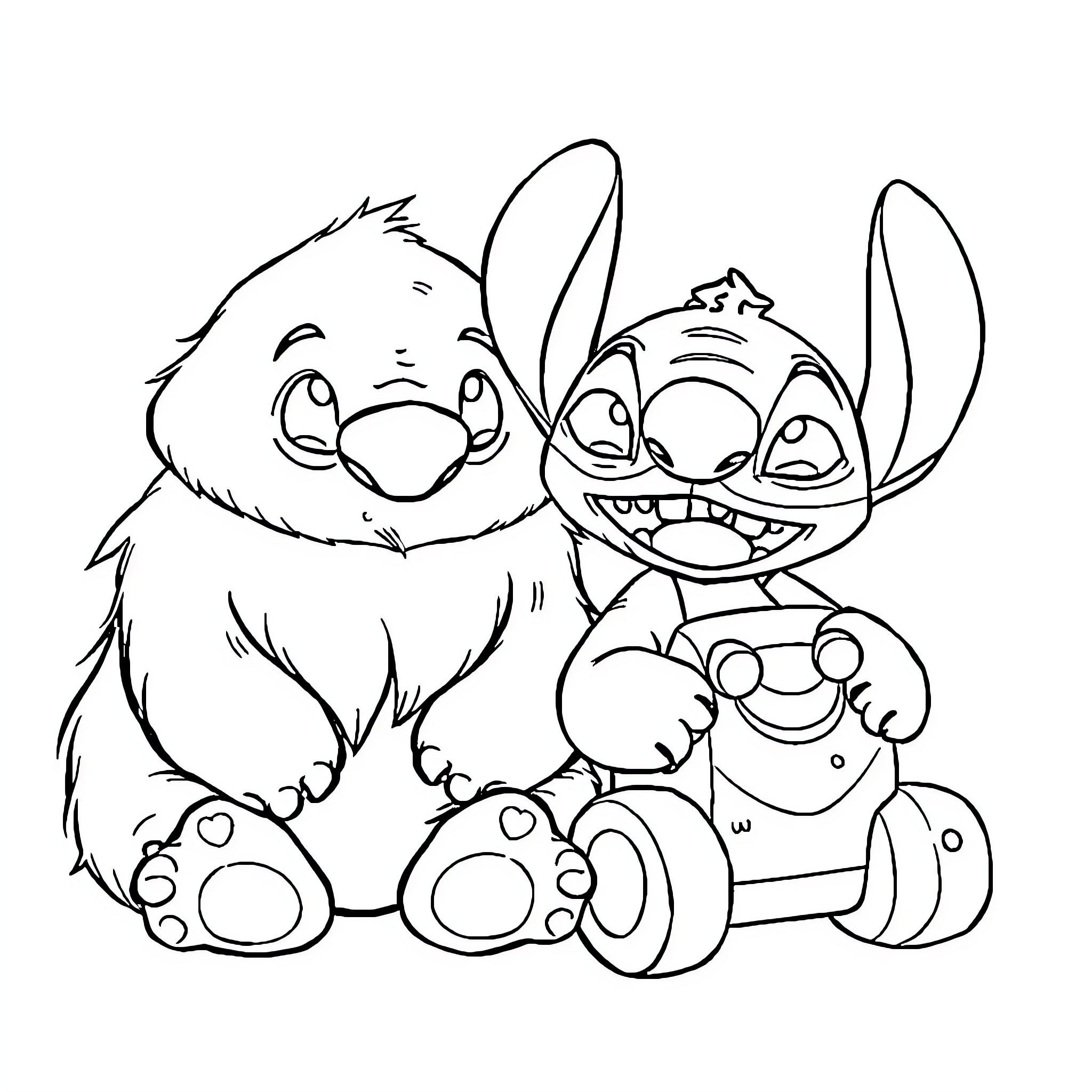 Stitch and Lilo playing together Coloring Page (free black-and-white line drawing printable PDF for all, from beginners to advanced learners, including children, teens, adults, and seniors)