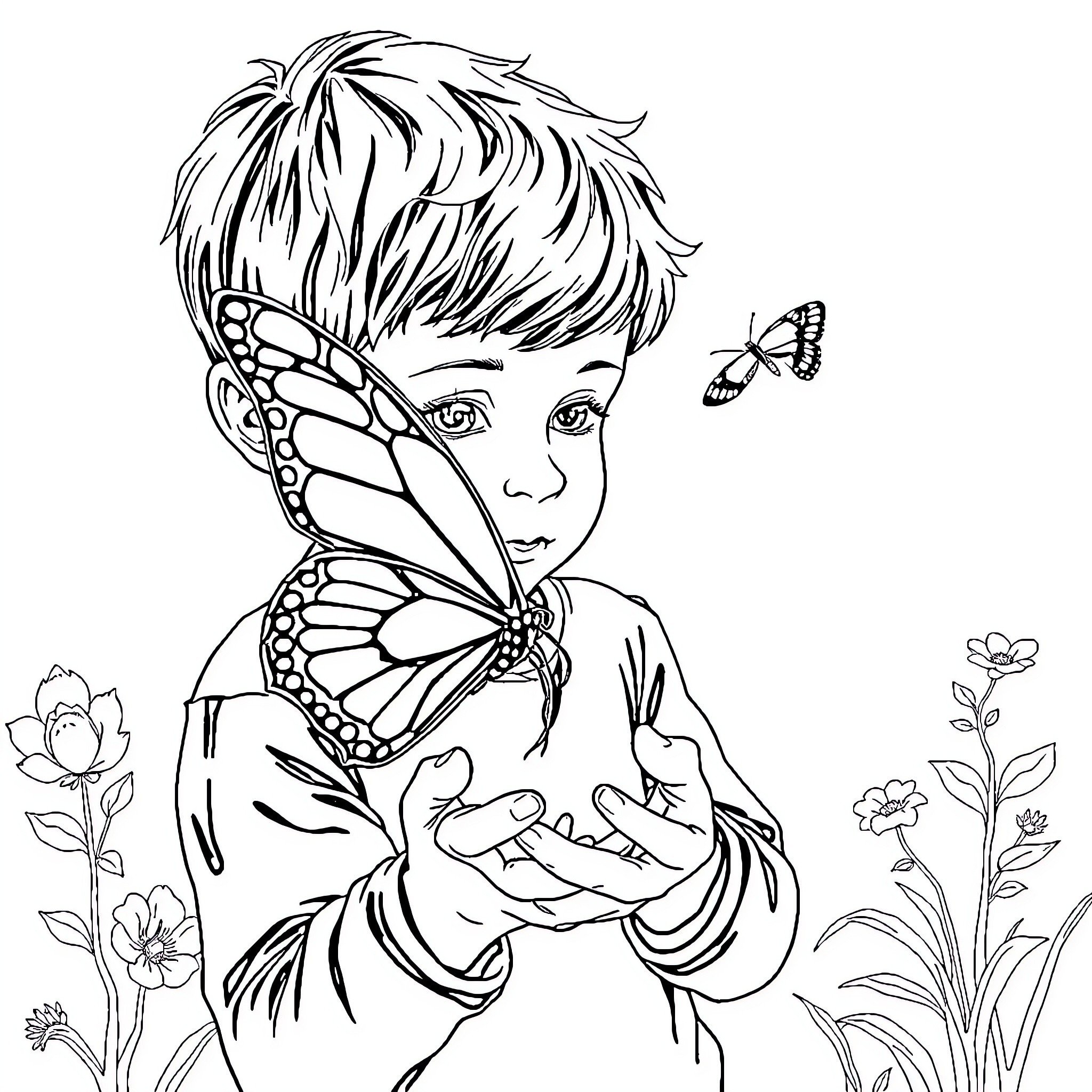 Boy with butterfly on his hand in nature Coloring Page (free black-and-white line drawing printable PDF for all, from beginners to advanced learners, including children, teens, adults, and seniors)